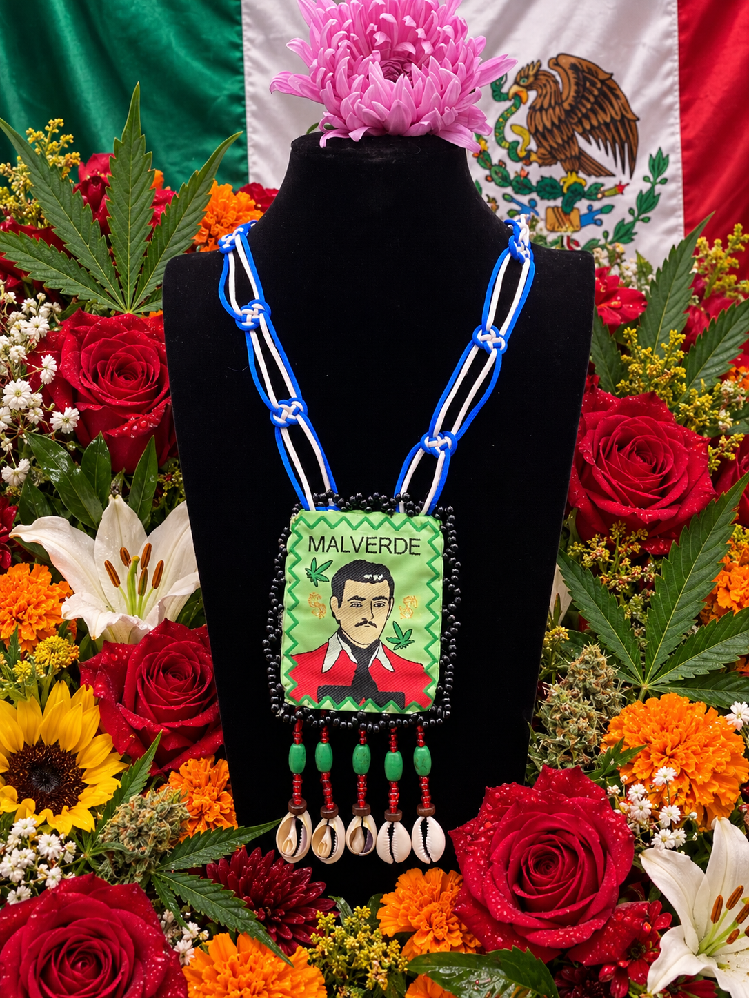 Jesus Malverde Blue & White Escapulario + Protection + Made in Mexico + Blessed + Cowrie Shells