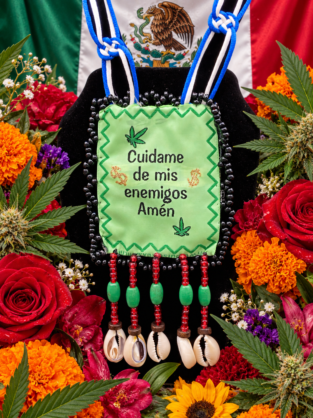 Jesus Malverde Blue & White Escapulario + Protection + Made in Mexico + Blessed + Cowrie Shells