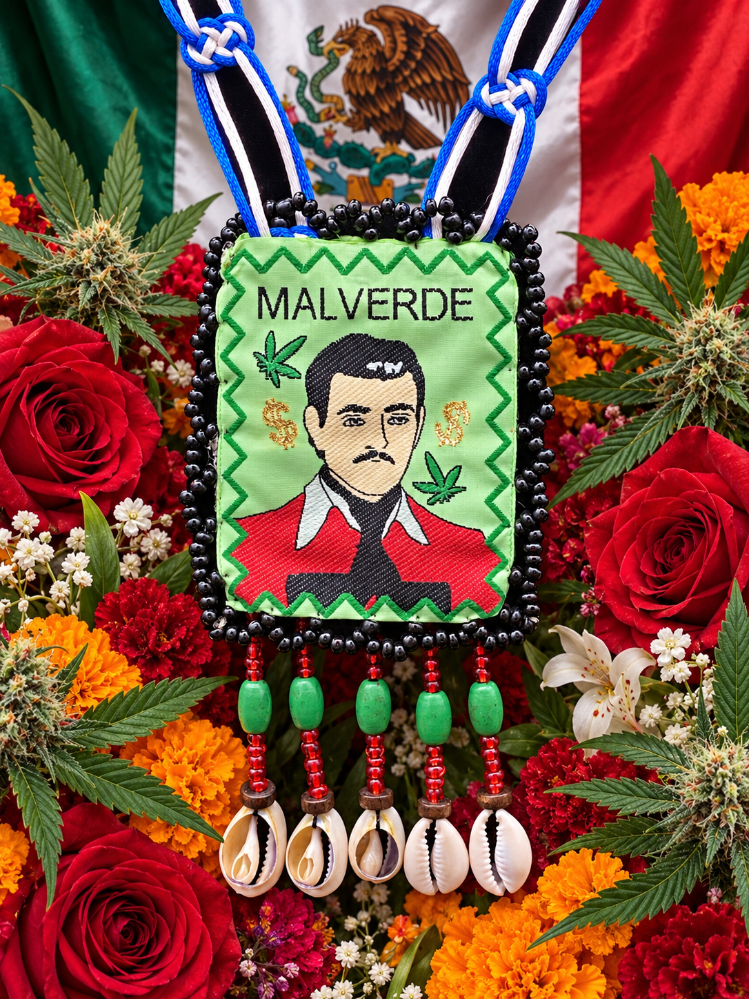 Jesus Malverde Blue & White Escapulario + Protection + Made in Mexico + Blessed + Cowrie Shells