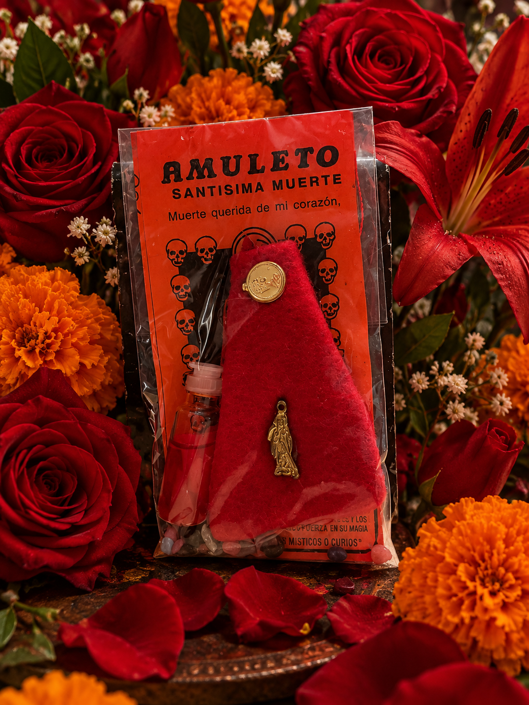 Santa Muerte Roja Amulet + Made in Mexico + Love + Money + Amuleto + Morralito
