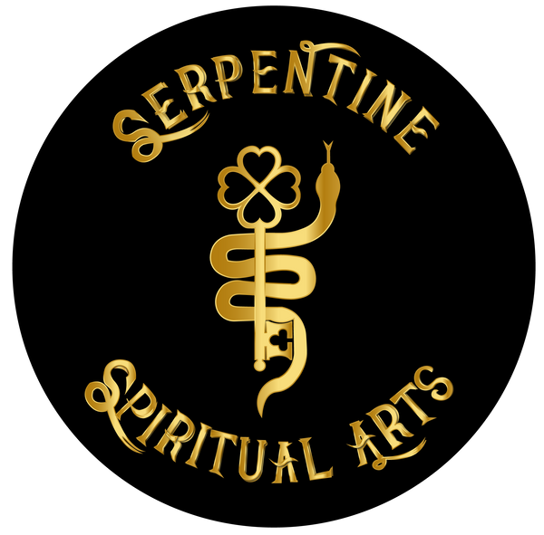 gold snake around gold key with the words serpentine spiritual arts written in gold
