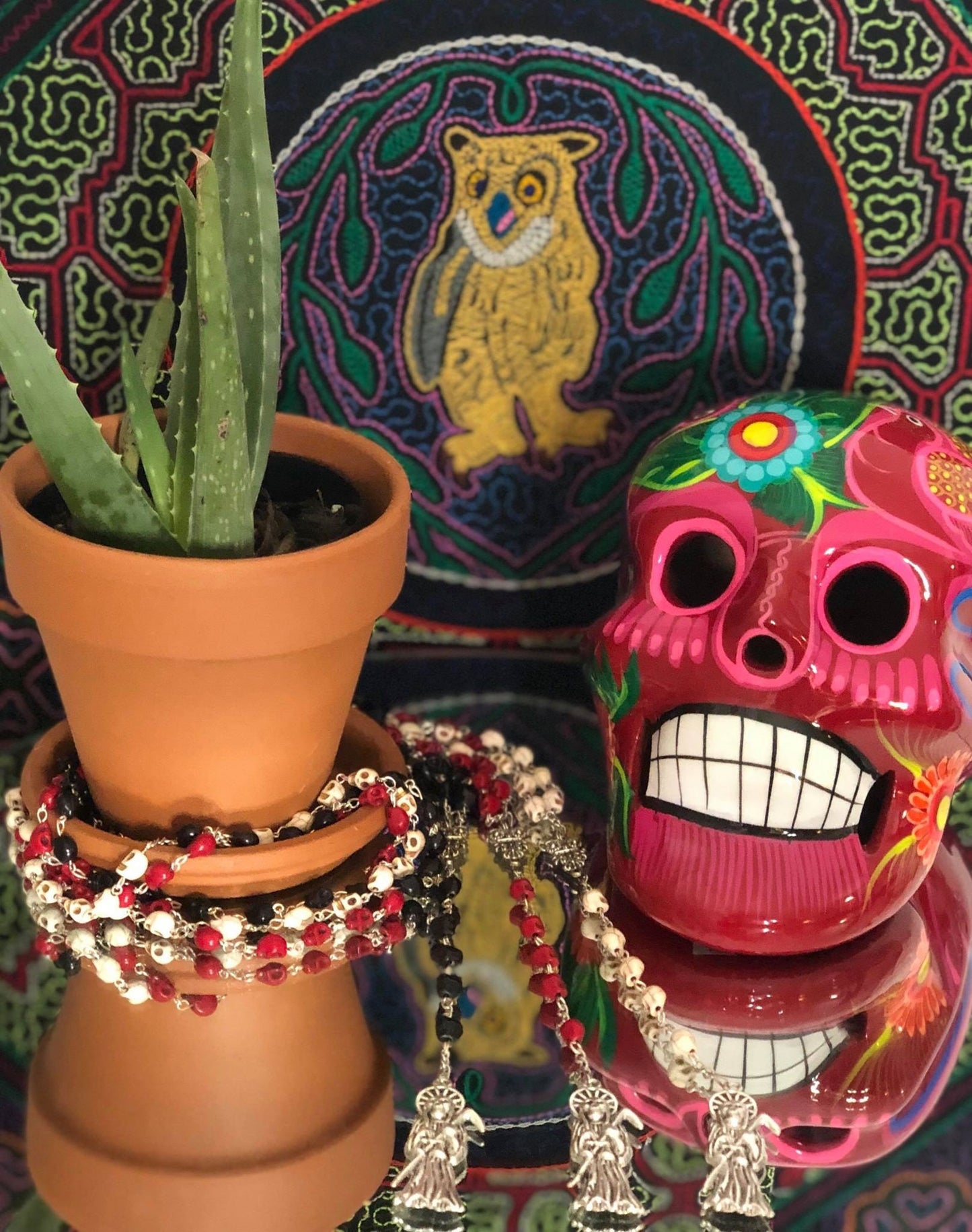 Santa Muerte Rosary + Three Robes + Traditional Colors + Blessed + Sterling Silver Plated Chain + Handcrafted + Rosario