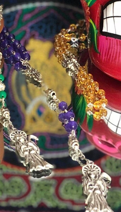 Santa Muerte Rosary + Verde, Morada, and Ámbar + Blessed + Handcrafted + Green + Purple + Amber + Justice + Spirituality + Break Addiction