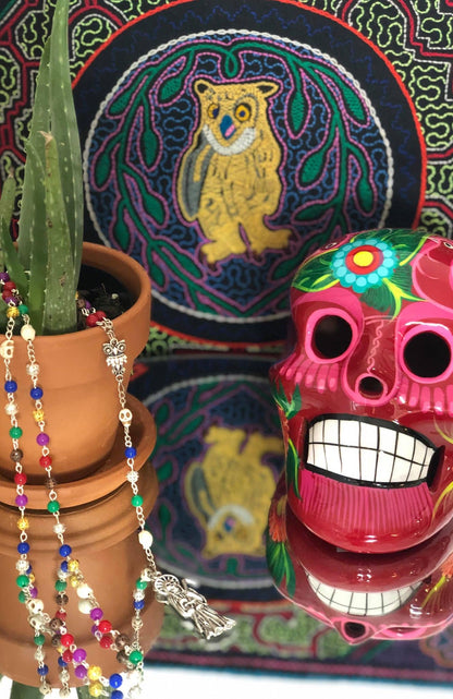 Santa Muerte Siete Colores Rosary + Siete Potencias + All-Purpose + Blessed + Sterling Silver Plated Chain + Handcrafted + Rosario