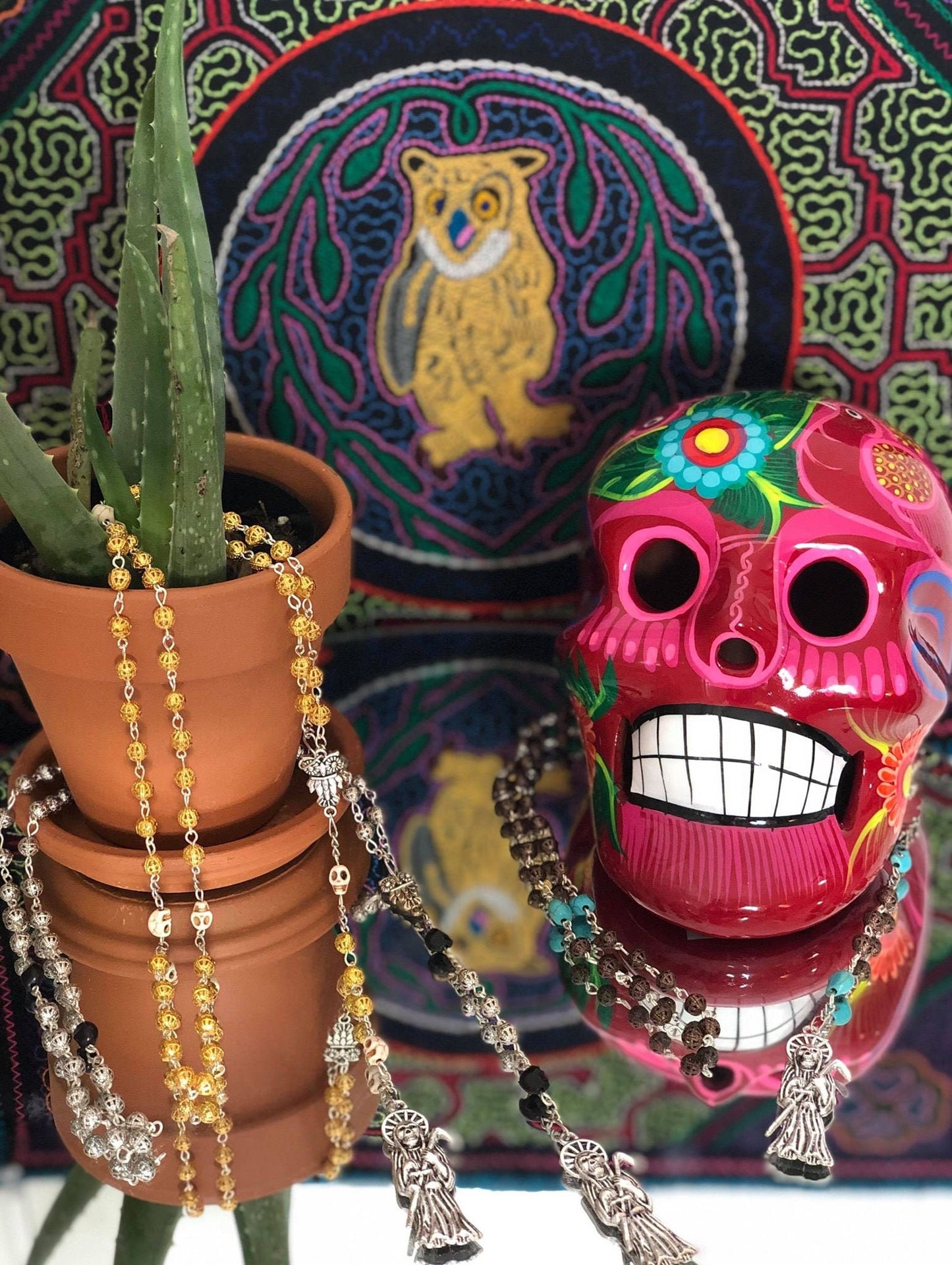 Santa Muerte Rosary + Gunmetal & Black, and White, Copper, and Turquoise + Blessed + Sterling Silver Plated Chain + Handcrafted + Rosario