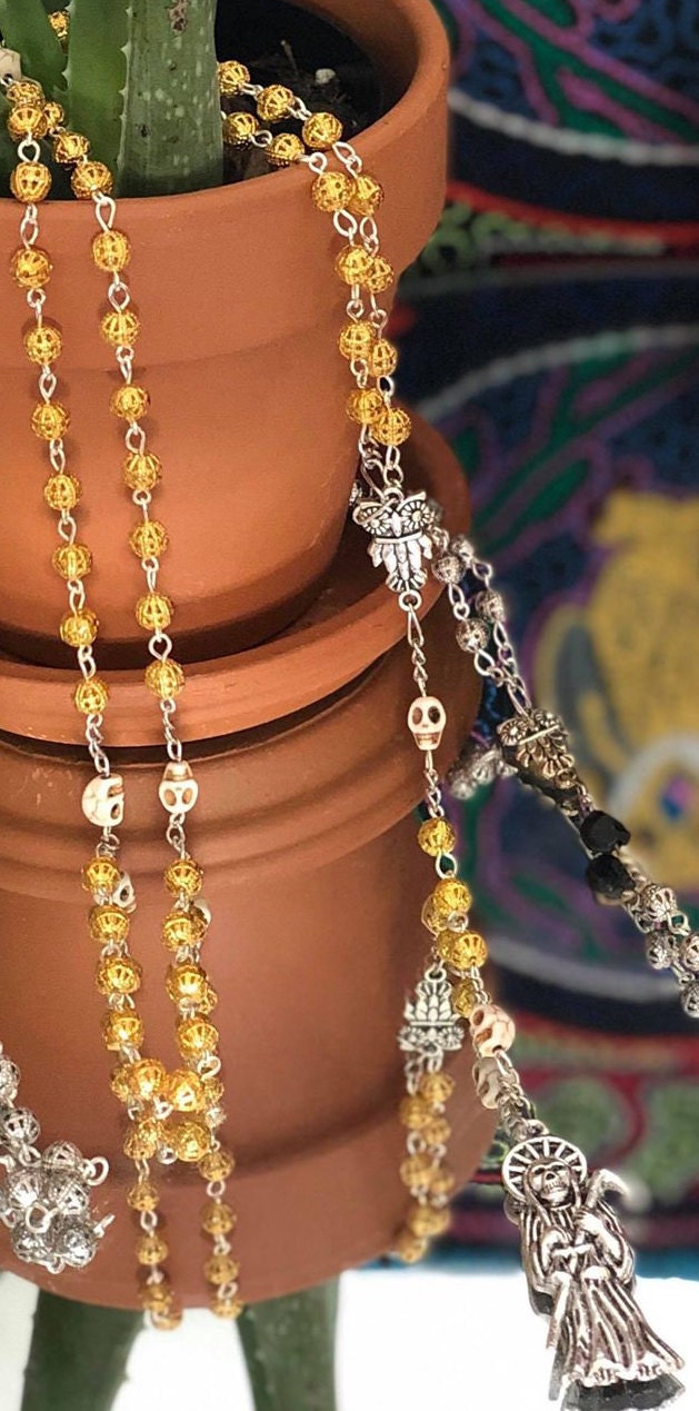 Santa Muerte Rosary + Gunmetal & Black, and White, Copper, and Turquoise + Blessed + Sterling Silver Plated Chain + Handcrafted + Rosario