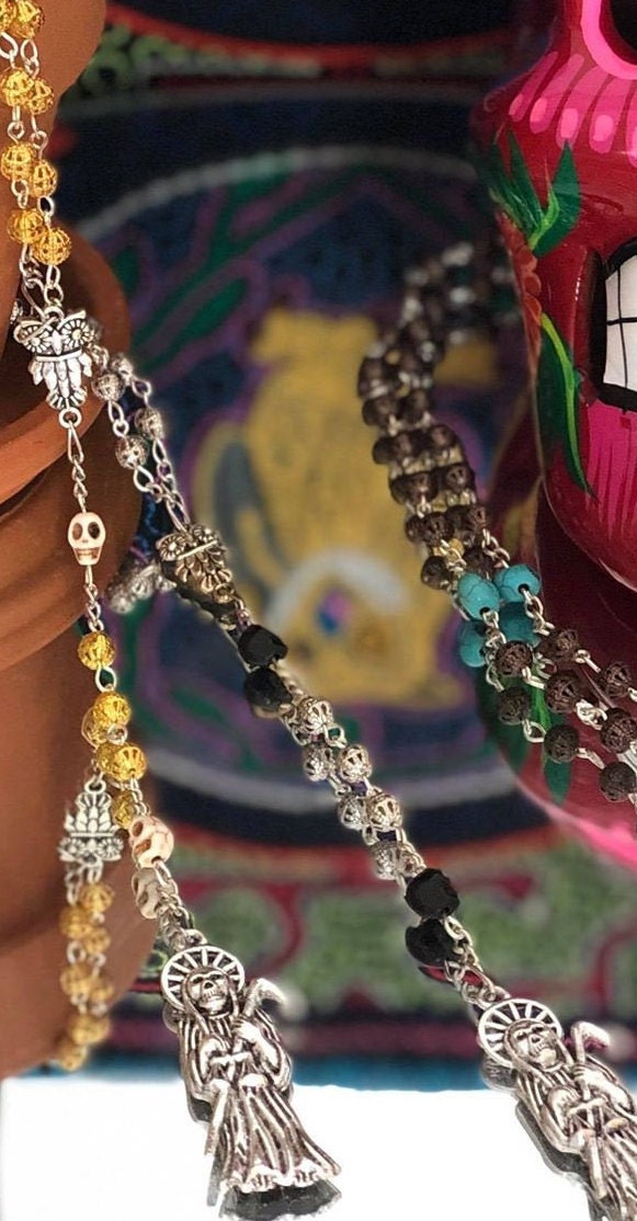 Santa Muerte Rosary + Gunmetal & Black, and White, Copper, and Turquoise + Blessed + Sterling Silver Plated Chain + Handcrafted + Rosario