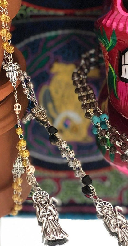 Santa Muerte Rosary + Gunmetal & Black, and White, Copper, and Turquoise + Blessed + Sterling Silver Plated Chain + Handcrafted + Rosario