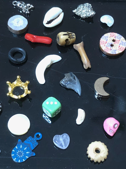 Medium Vintage Fargostein Tinned Travel Bone, Shell, and Trinket Divination Collection (40 Pieces)