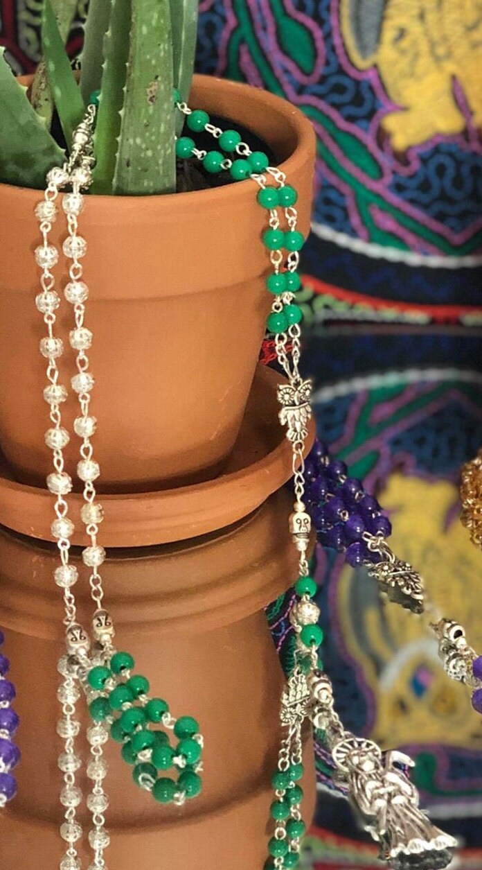 Santa Muerte Rosary + Verde, Morada, and Ámbar + Blessed + Handcrafted + Green + Purple + Amber + Justice + Spirituality + Break Addiction