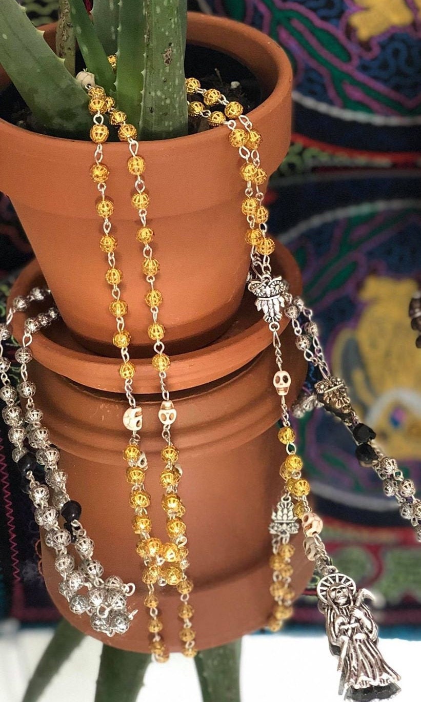 Santa Muerte Rosary + Gunmetal & Black, and White, Copper, and Turquoise + Blessed + Sterling Silver Plated Chain + Handcrafted + Rosario