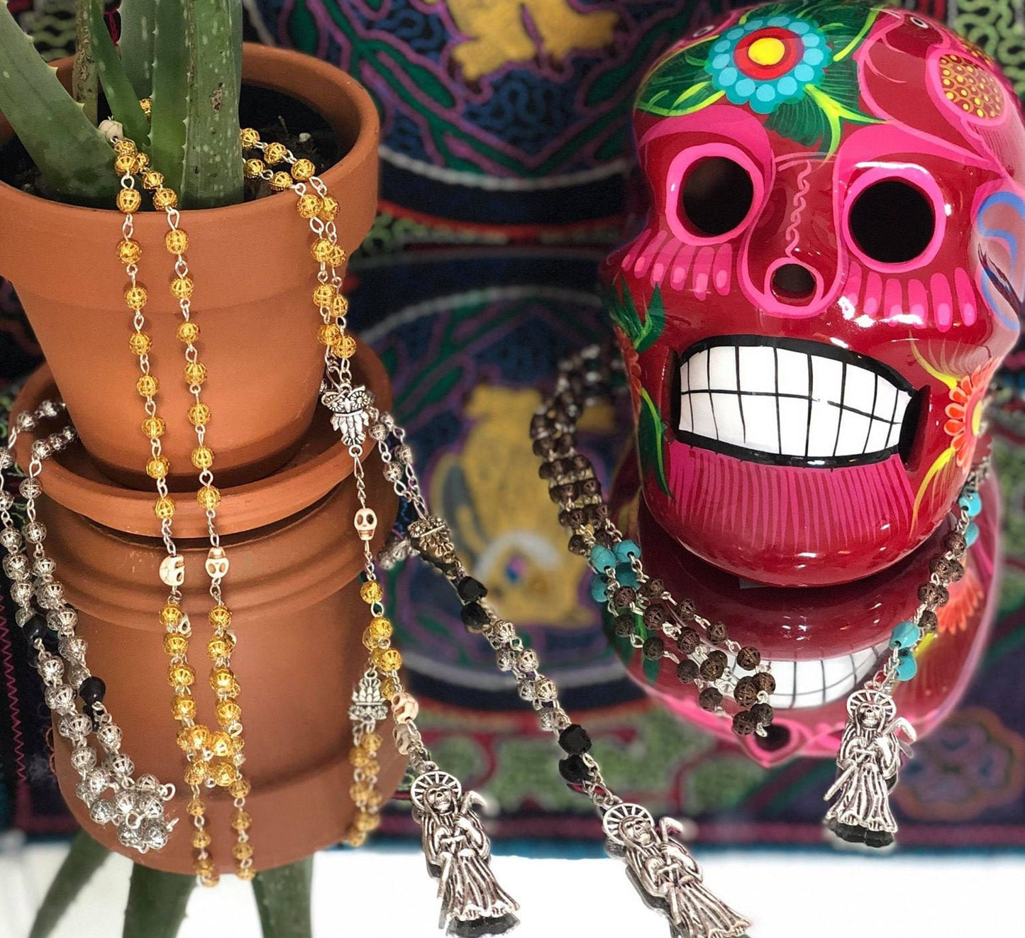 Santa Muerte Rosary + Gunmetal & Black, and White, Copper, and Turquoise + Blessed + Sterling Silver Plated Chain + Handcrafted + Rosario