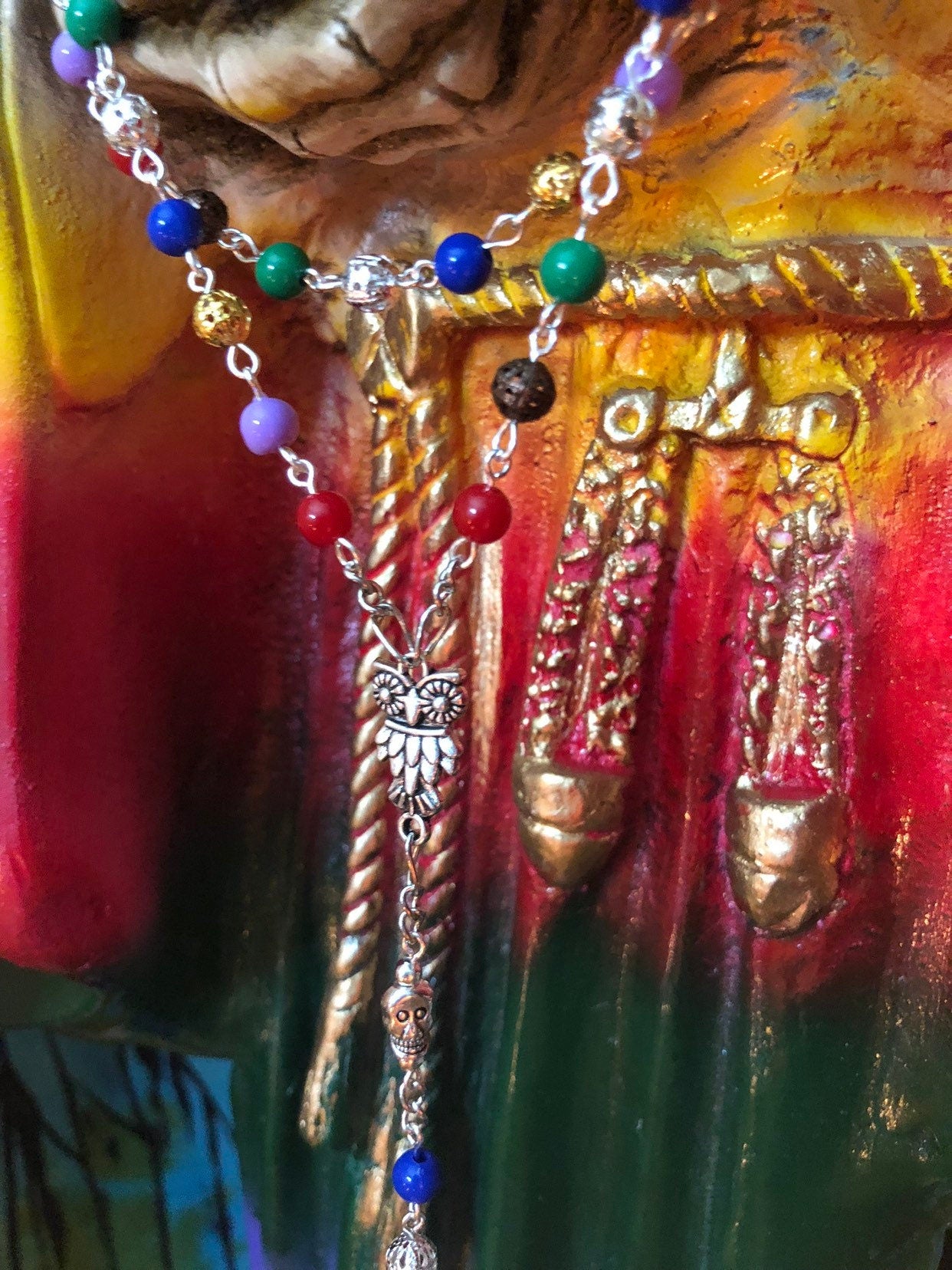 Santa Muerte Siete Colores Rosary + Siete Potencias + All-Purpose + Blessed + Sterling Silver Plated Chain + Handcrafted + Rosario