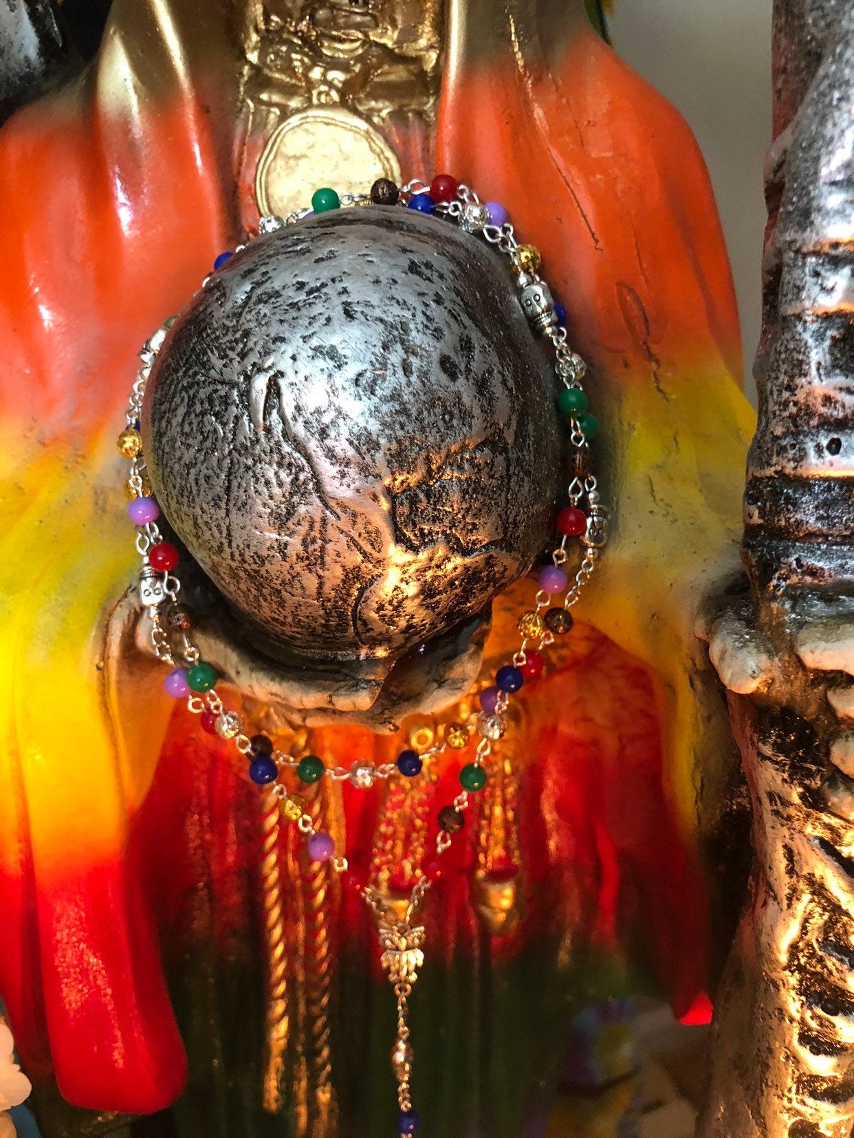 Santa Muerte Siete Colores Rosary + Siete Potencias + All-Purpose + Blessed + Sterling Silver Plated Chain + Handcrafted + Rosario