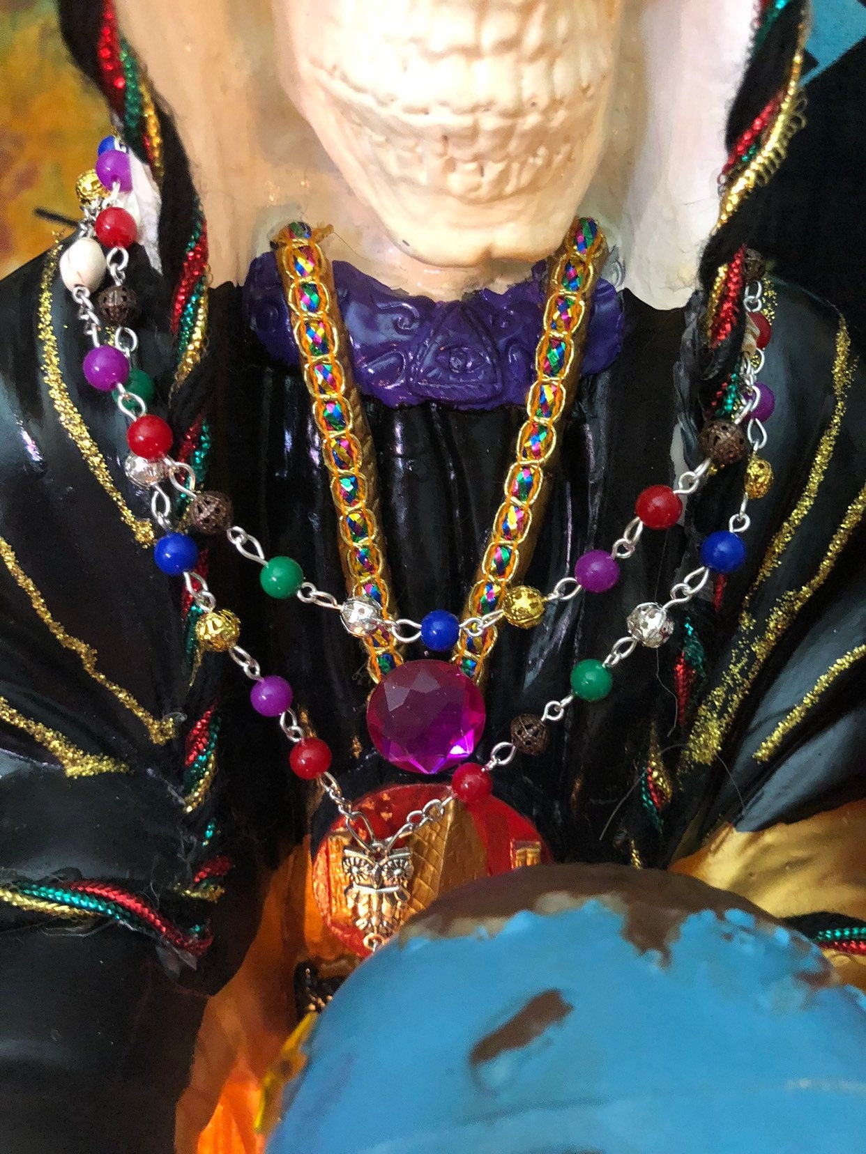 Santa Muerte Siete Colores Rosary + Siete Potencias + All-Purpose + Blessed + Sterling Silver Plated Chain + Handcrafted + Rosario
