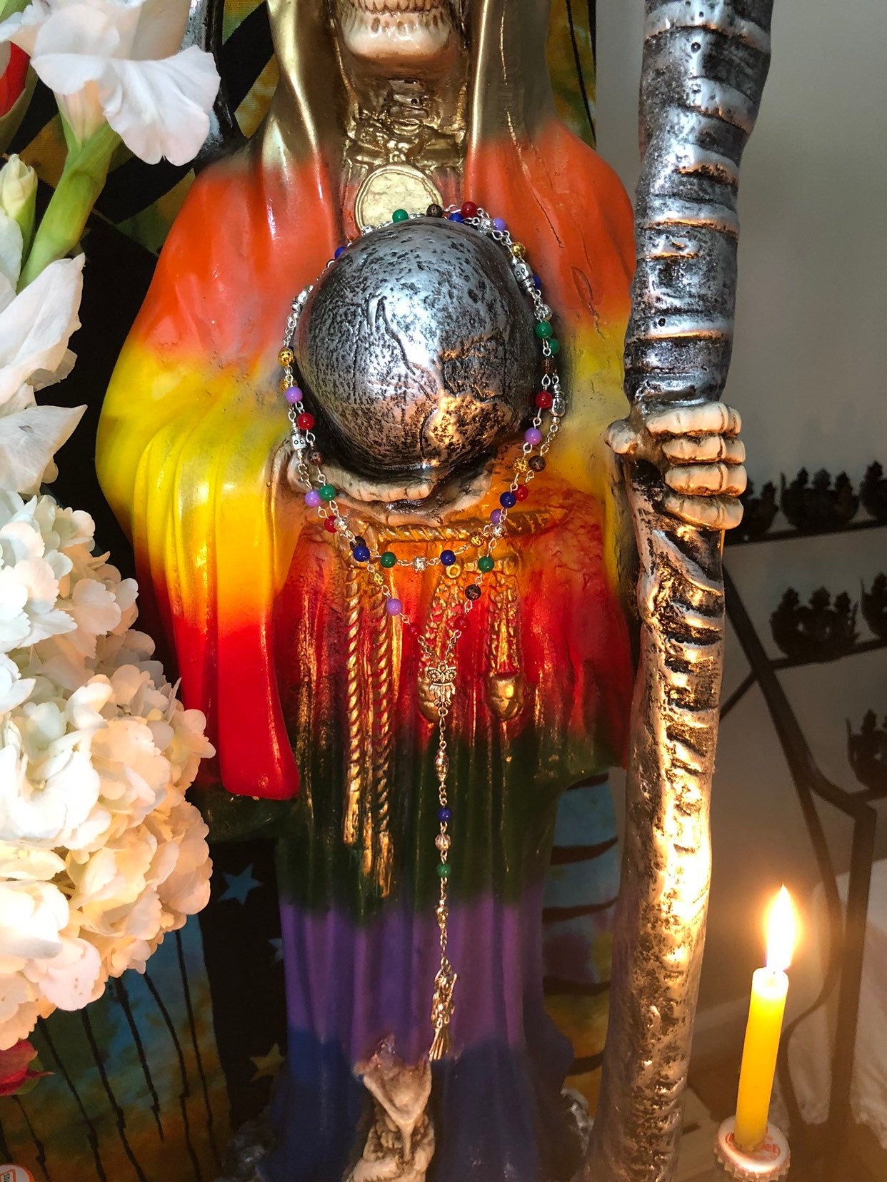 Santa Muerte Siete Colores Rosary + Siete Potencias + All-Purpose + Blessed + Sterling Silver Plated Chain + Handcrafted + Rosario