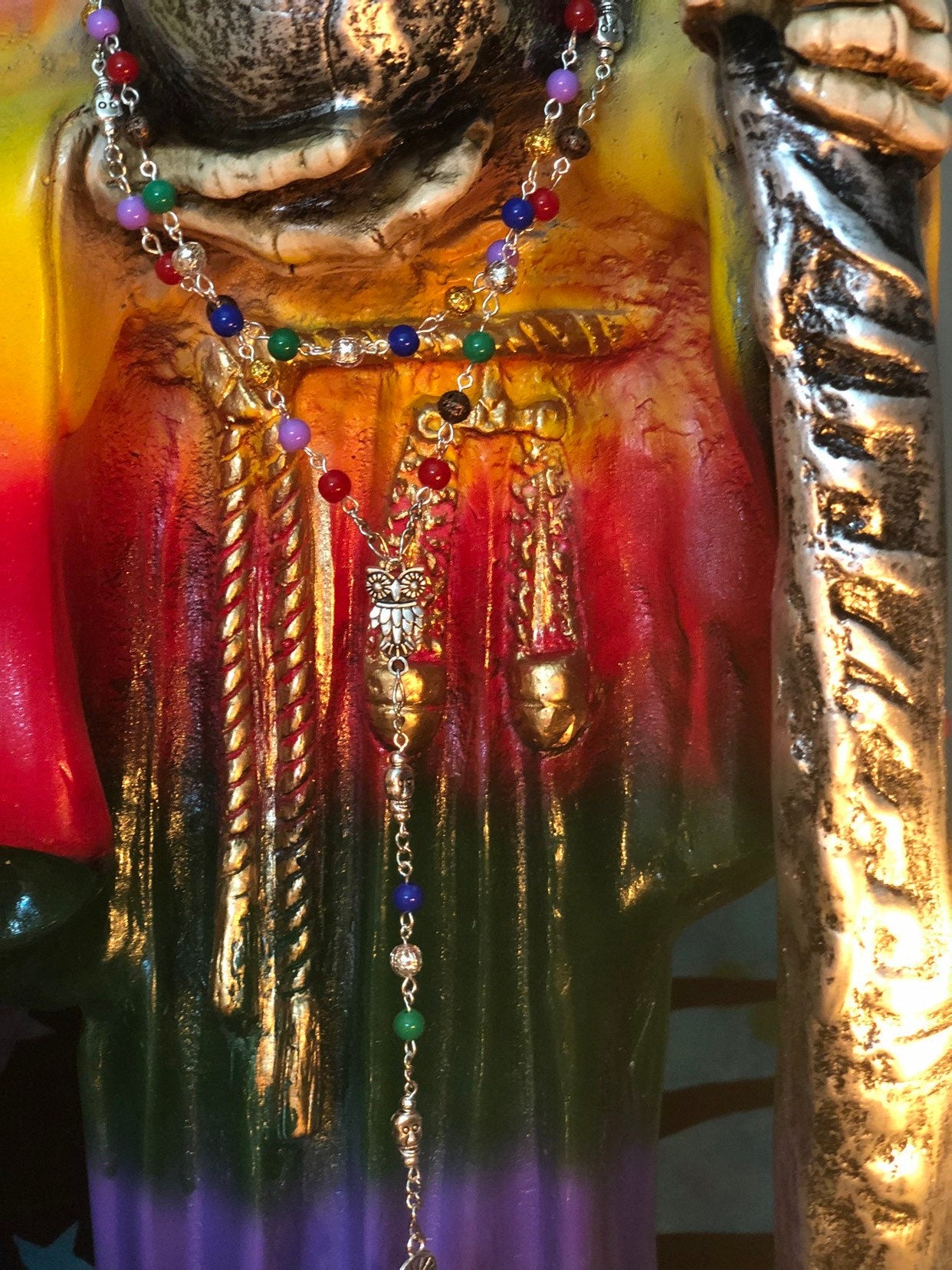 Santa Muerte Siete Colores Rosary + Siete Potencias + All-Purpose + Blessed + Sterling Silver Plated Chain + Handcrafted + Rosario