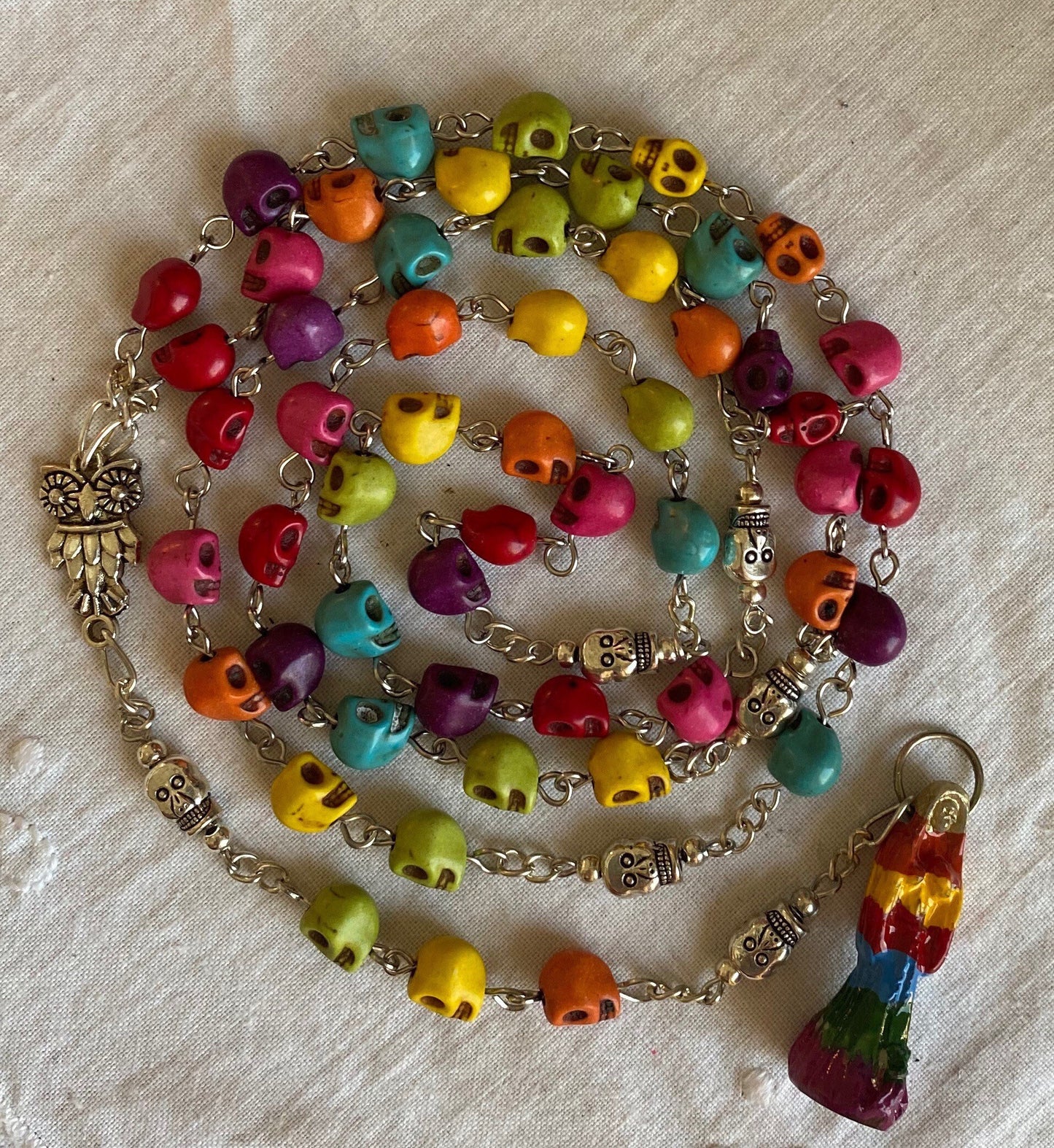 Santa Muerte Siete Colores Rosary + Siete Potencias + All-Purpose + Love + Money + Protection + Sterling Silver Plated Chain + Handcrafted