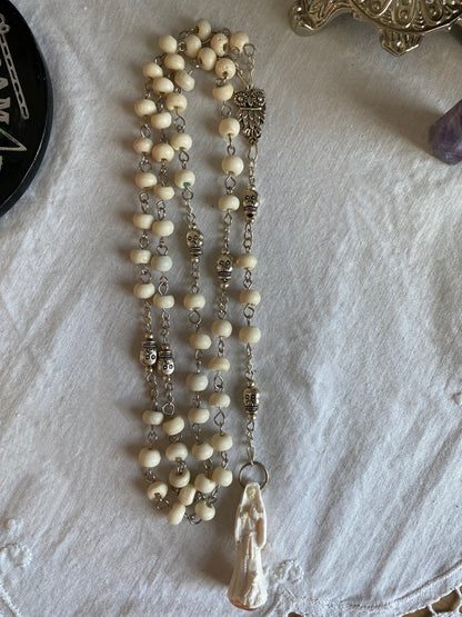 Santa Muerte Blanca Rosary with Bone Beads + Blessed + Sterling Silver Plated Chain + Handcrafted + Rosario