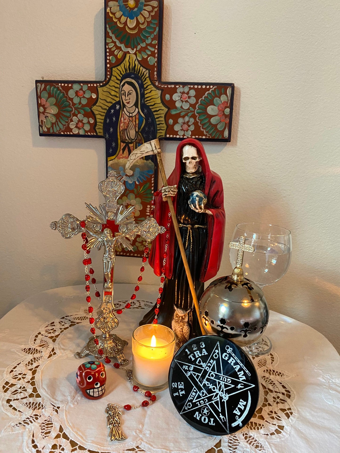 Santa Muerte Rosary + Three Robes + Traditional Colors + Blessed + Sterling Silver Plated Chain + Handcrafted + Rosario
