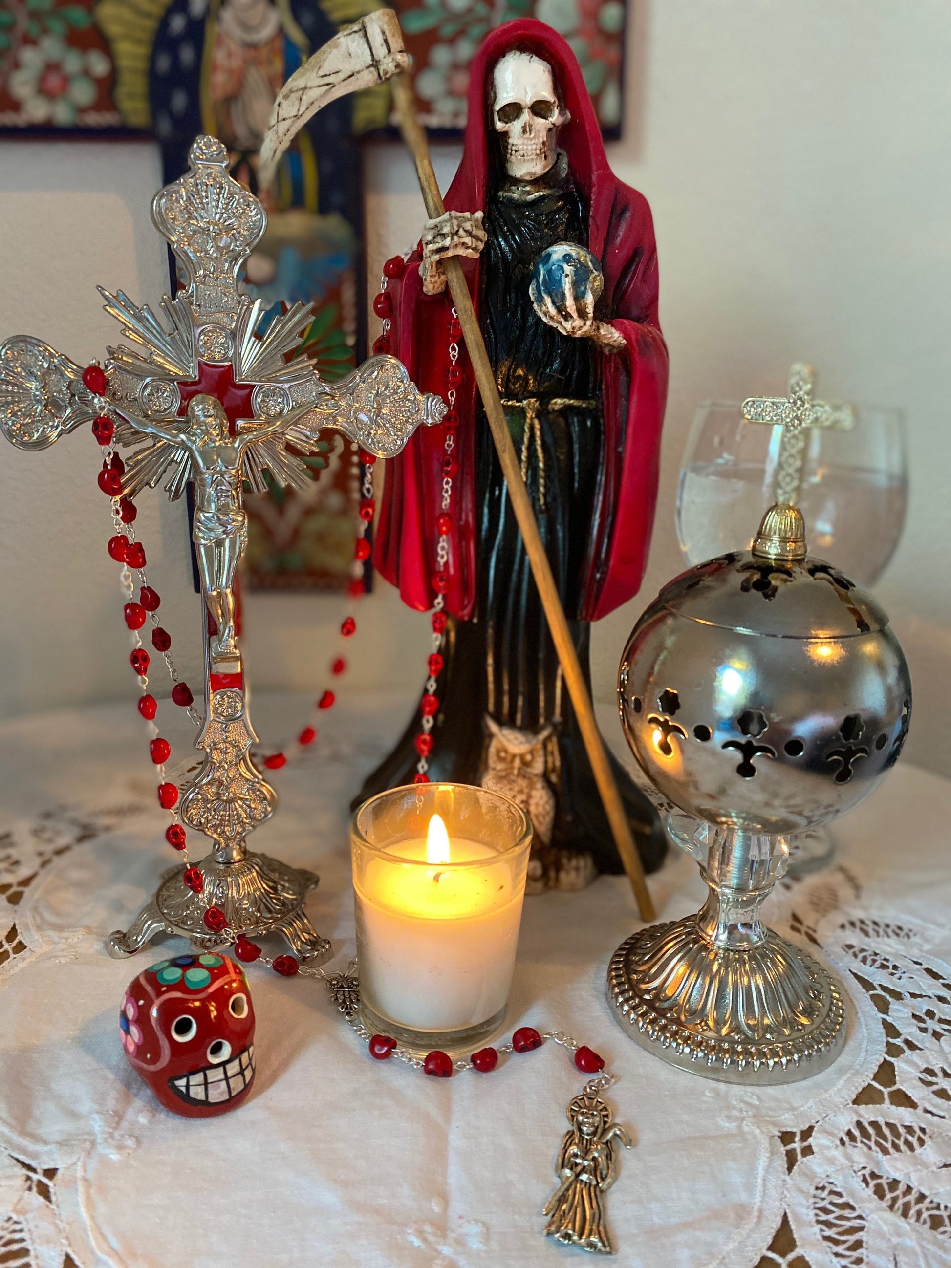 Santa Muerte Rosary + Three Robes + Traditional Colors + Blessed + Sterling Silver Plated Chain + Handcrafted + Rosario