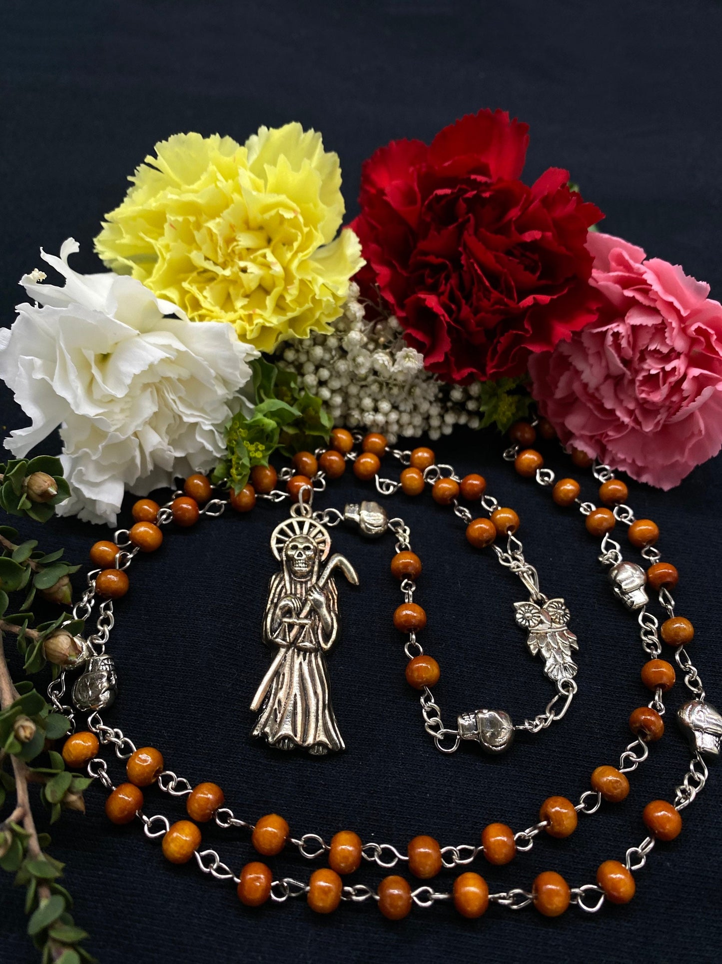 Santa Muerte Marron Rosary with Wood Beads & Santa Muerte Charm + Blessed + Sterling Silver Plated Chain + Handcrafted + Rosario