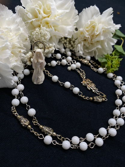 Santa Muerte Blanca Rosary + Protection + Healing + Gemstone + Alabaster + Blessed + Sterling Silver Plated Chain + Handcrafted + Rosario