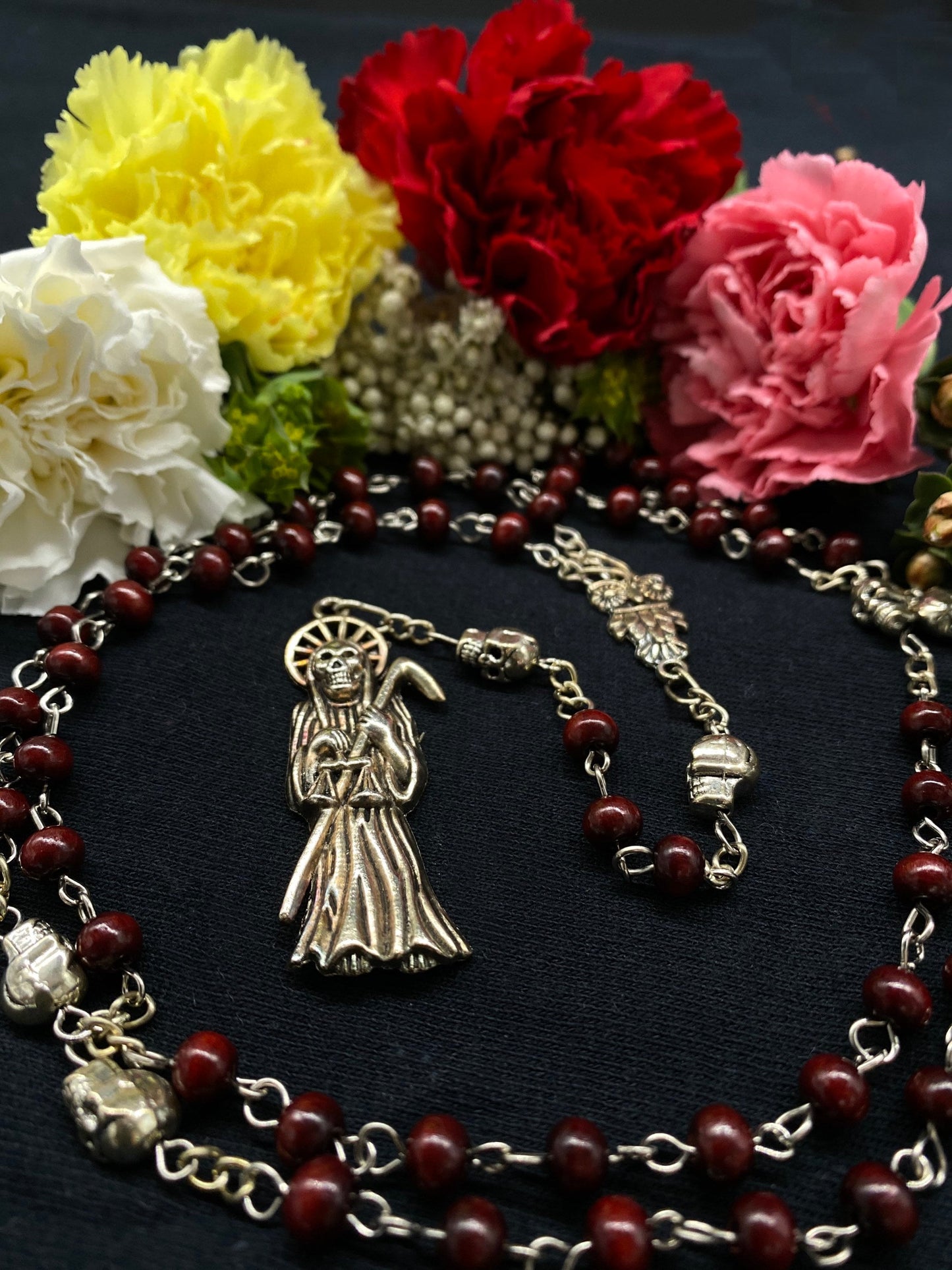 Santa Muerte Roja Rosary with Wood Beads & Santa Muerte Charm + Blessed + Sterling Silver Plated Chain + Handcrafted + Rosario