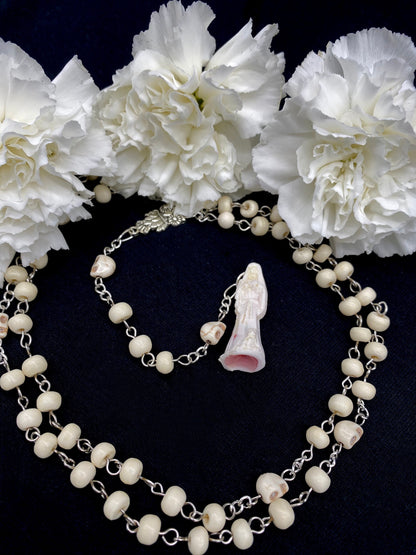 Santa Muerte Blanca Rosary with Bone and Howlite + Protection + Healing + Blessed + Sterling Silver Plated Chain + Handcrafted + Rosario