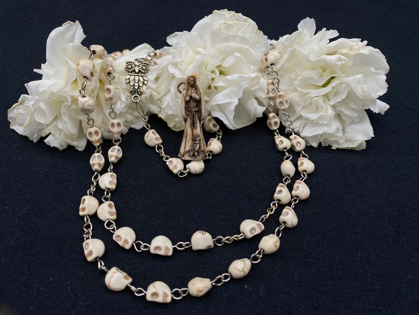 Santa Muerte Bone Rosary + Hueso + Sterling Silver Plated Chain + Handcrafted + Rosario