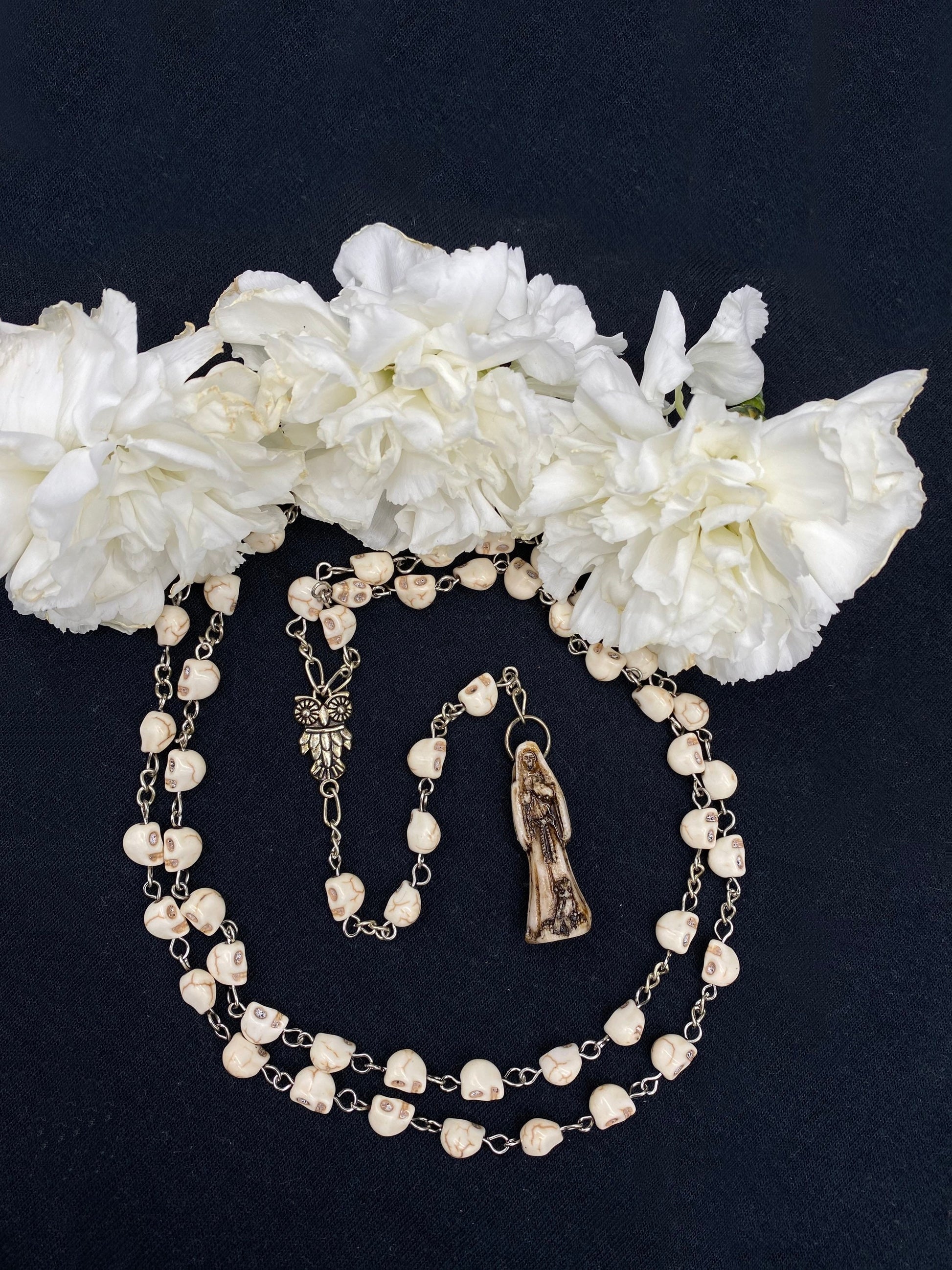 Santa Muerte Bone Rosary + Hueso + Sterling Silver Plated Chain + Handcrafted + Rosario