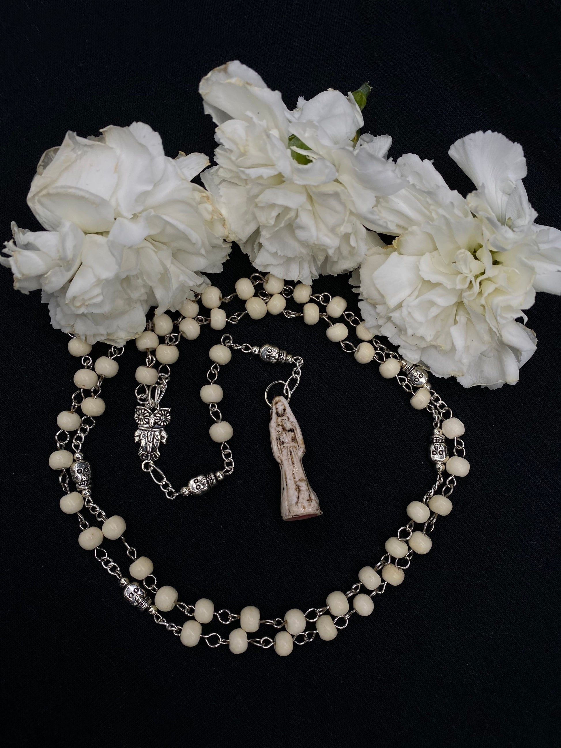 Santa Muerte Hueso Rosary + Bone Beads + Sterling Silver Plated Chain + Handcrafted + Rosario