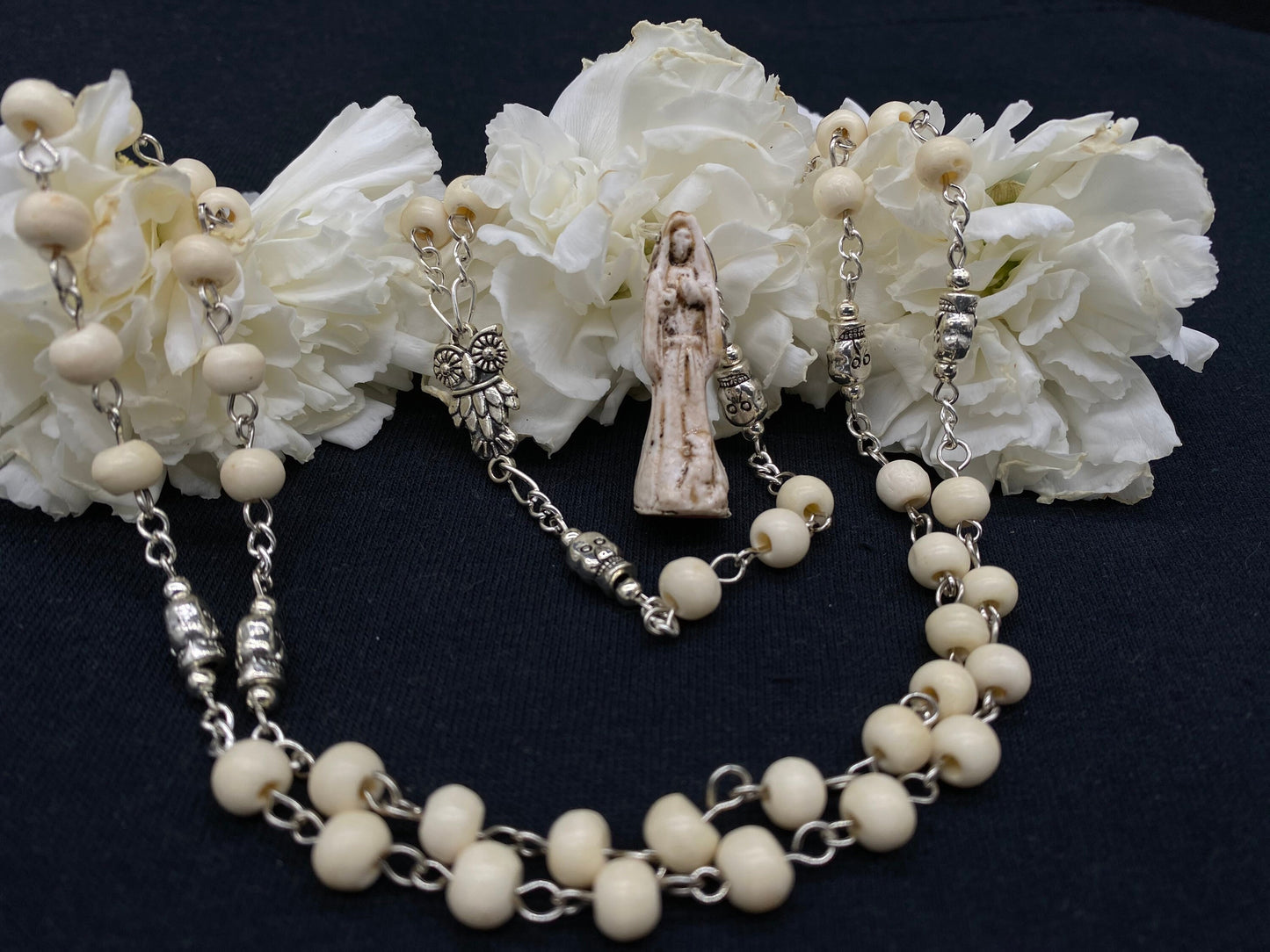 Santa Muerte Hueso Rosary + Bone Beads + Sterling Silver Plated Chain + Handcrafted + Rosario