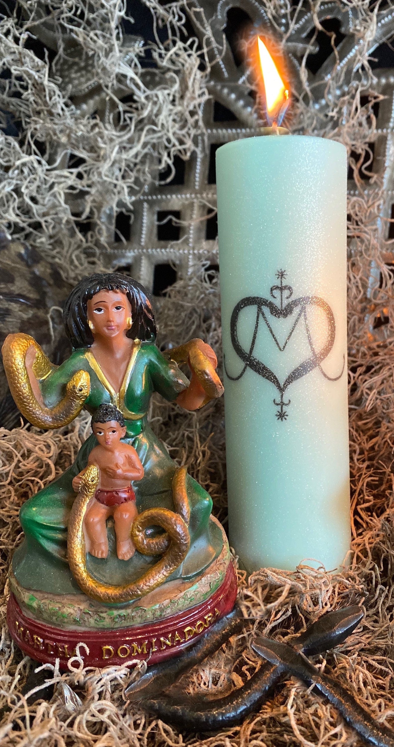 Filomena Lubana Veve Pillar Candle + Santa Marta la Dominadora + Marta la Culebra + Saint Martha The Dominator + Dominatrix