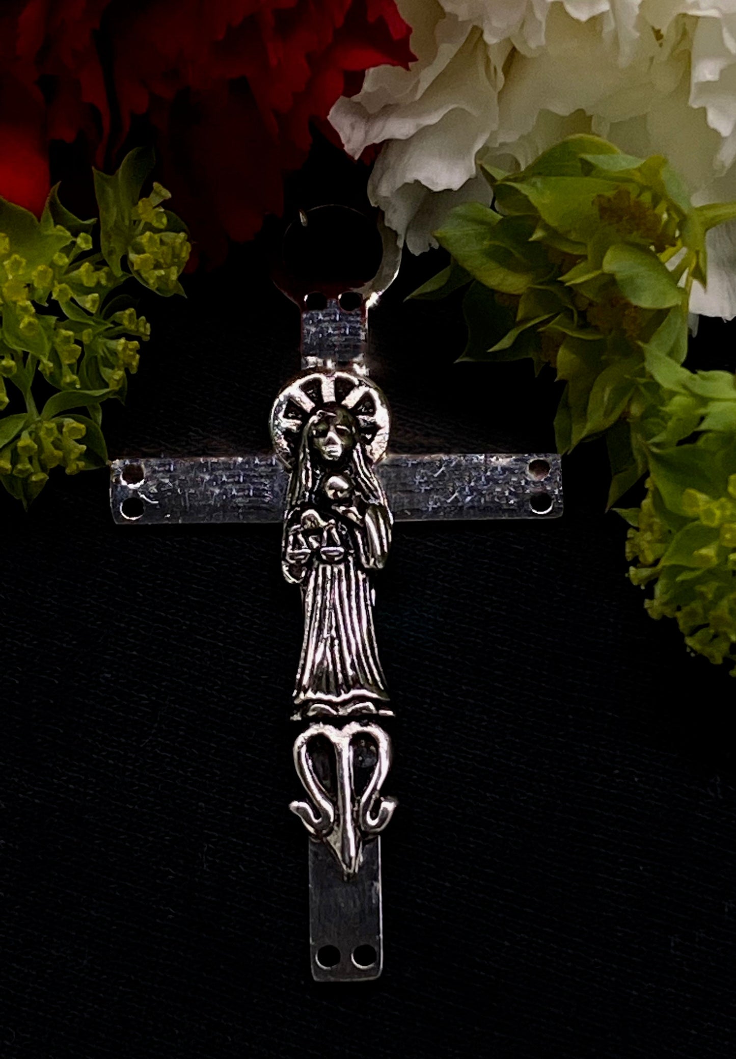 Santa Muerte Rosary with Tricolor Skulls & SM Cross + 3 Robes + Blessed + All-Purpose + Sterling Silver Plated Chain + Handcrafted + Rosario