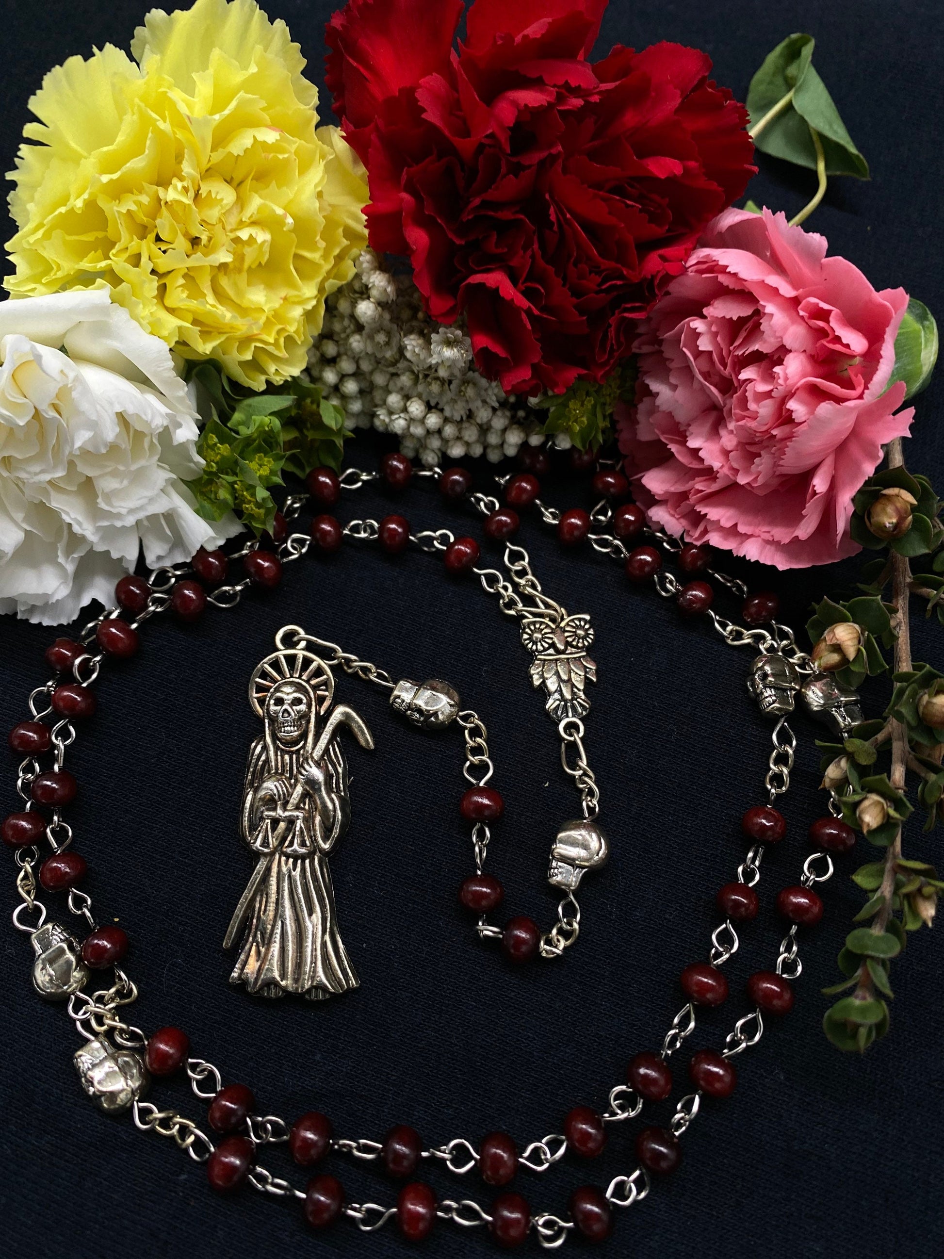 Santa Muerte Roja Rosary with Wood Beads & Santa Muerte Charm + Blessed + Sterling Silver Plated Chain + Handcrafted + Rosario