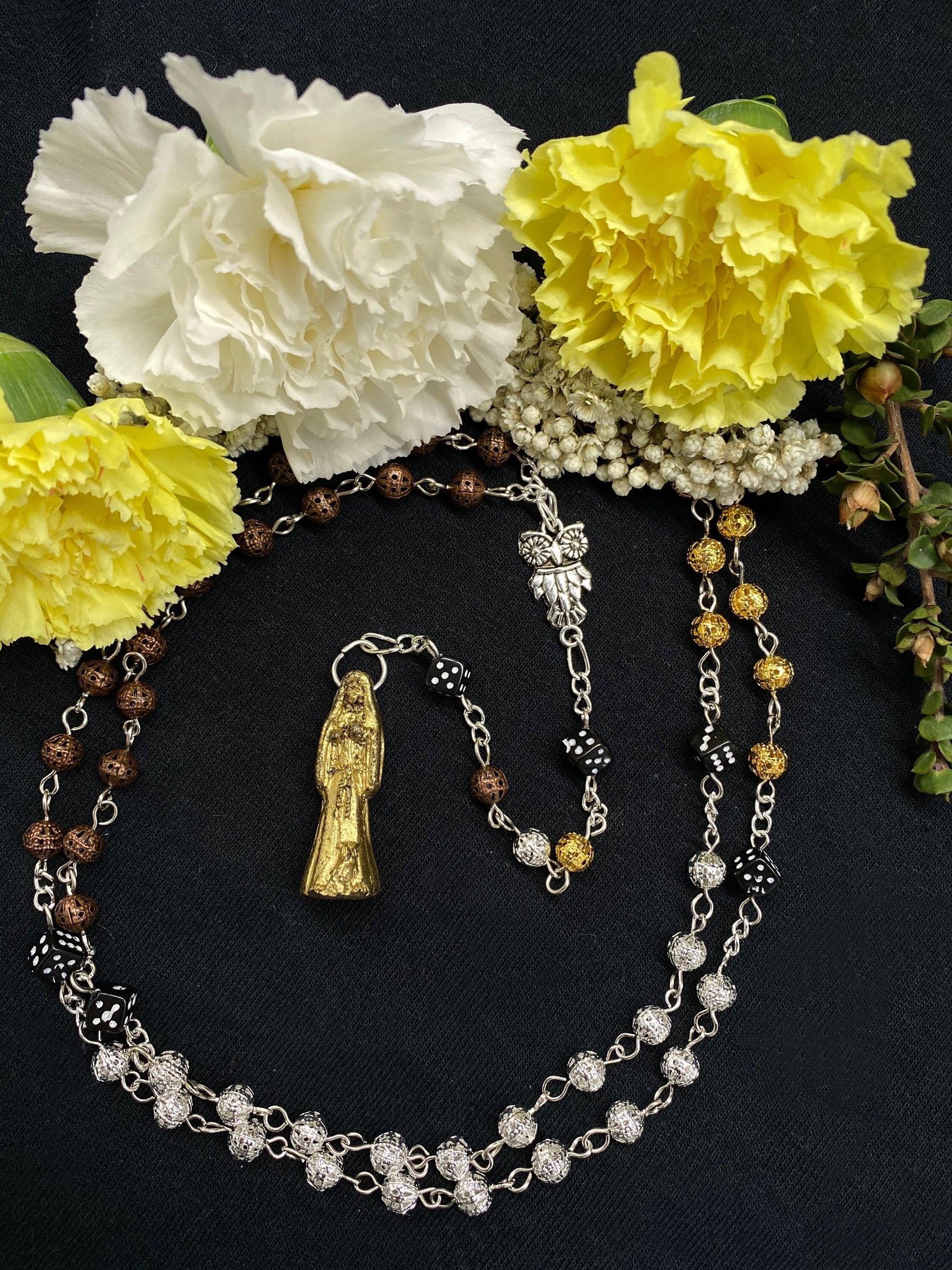 Santa Muerte Suerte Rosary + Luck + Gambling + Sterling Silver Plated Chain + Handcrafted + Rosario