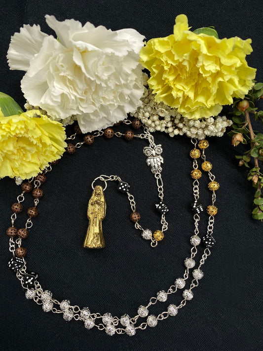 Santa Muerte Suerte Rosary + Luck + Gambling + Sterling Silver Plated Chain + Handcrafted + Rosario
