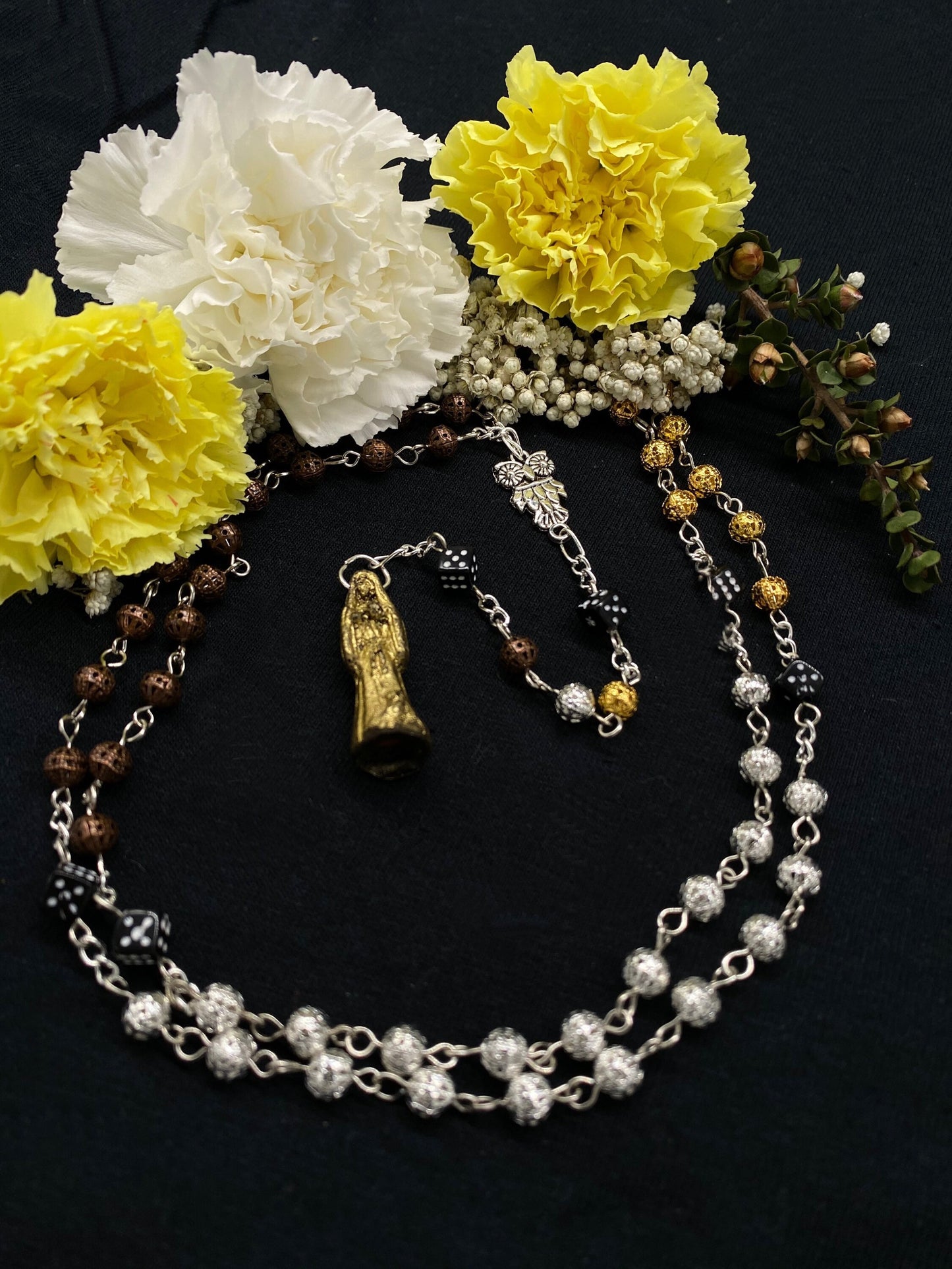 Santa Muerte Suerte Rosary + Luck + Gambling + Sterling Silver Plated Chain + Handcrafted + Rosario
