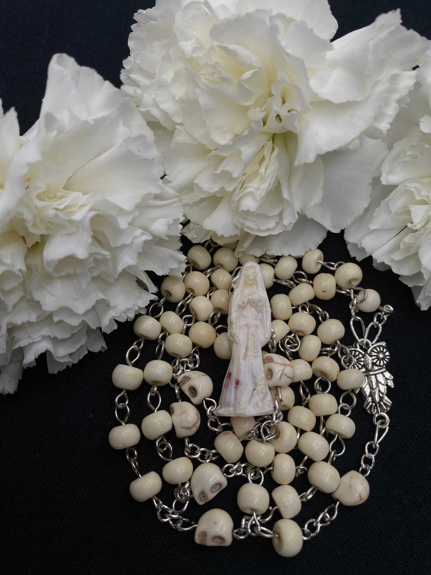 Santa Muerte Blanca Rosary with Bone and Howlite + Protection + Healing + Blessed + Sterling Silver Plated Chain + Handcrafted + Rosario