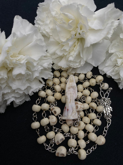 Santa Muerte Blanca Rosary with Bone and Howlite + Protection + Healing + Blessed + Sterling Silver Plated Chain + Handcrafted + Rosario