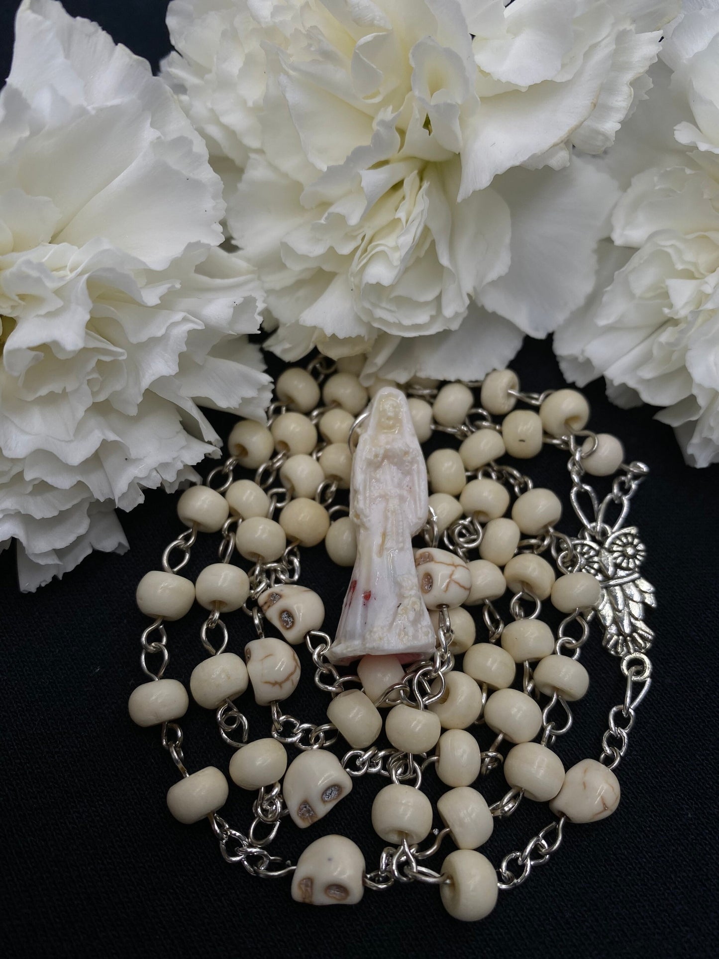 Santa Muerte Blanca Rosary with Bone and Howlite + Protection + Healing + Blessed + Sterling Silver Plated Chain + Handcrafted + Rosario