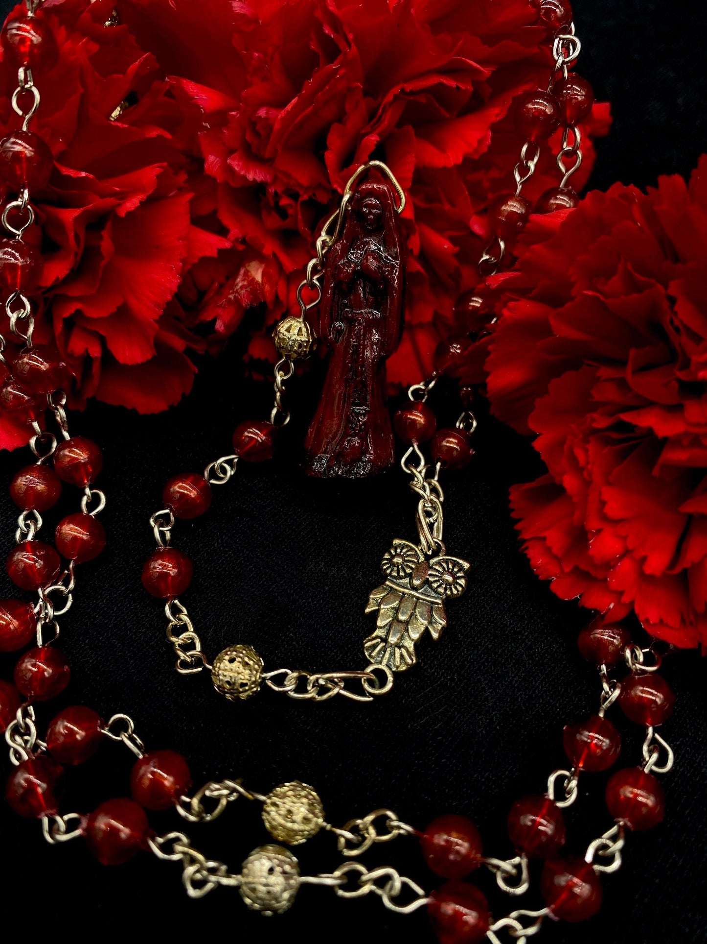 Santa Muerte Roja Rosary + Love + Money + Luck + Domination + Blessed + Gemstone + Carnelian + Sterling Silver Plated Chain + Rosario