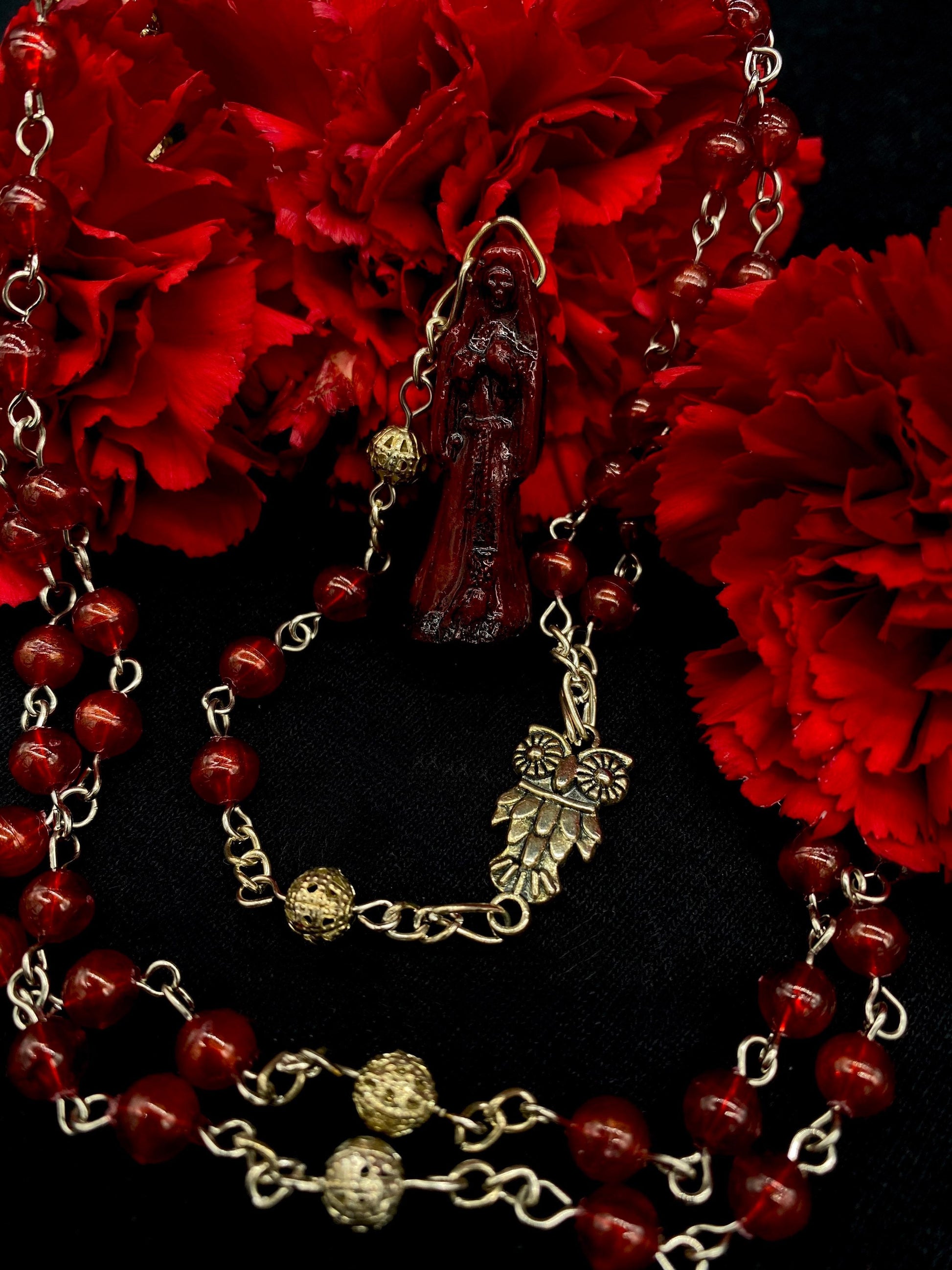 Santa Muerte Roja Rosary + Love + Money + Luck + Domination + Blessed + Gemstone + Carnelian + Sterling Silver Plated Chain + Rosario
