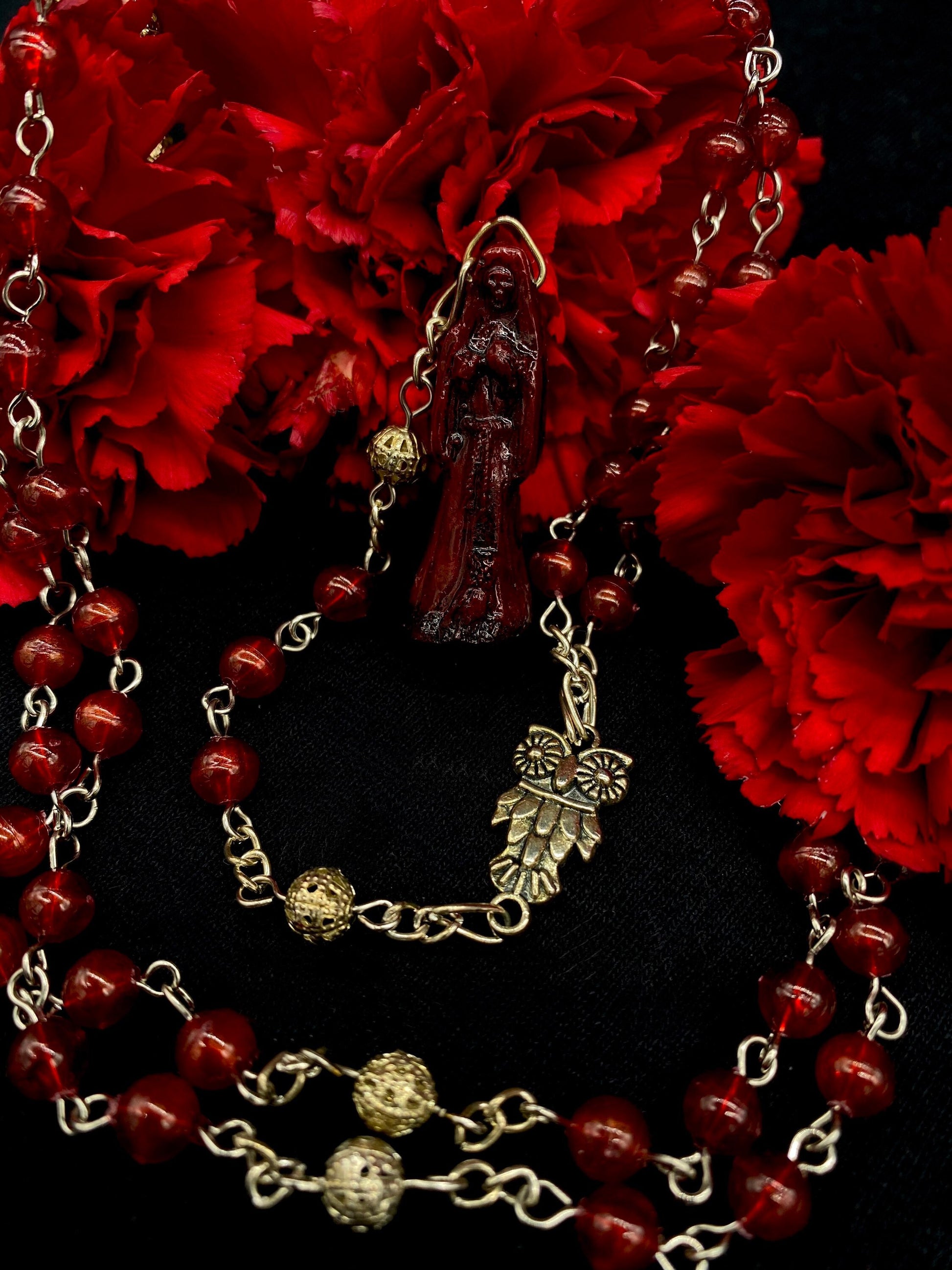 Santa Muerte Roja Rosary + with or without Heart Beads + Blessed + Handcrafted + Rosario