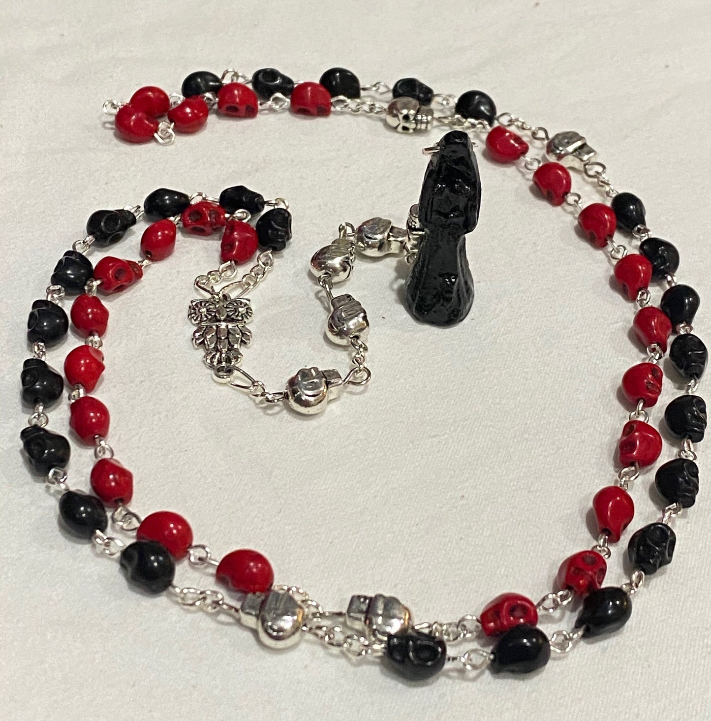 Santa Muerte Negra Reversing Rosary with Skulls + Blessed + Sterling Silver Plated Chain + Handcrafted + Rosario + Domination + Amarres