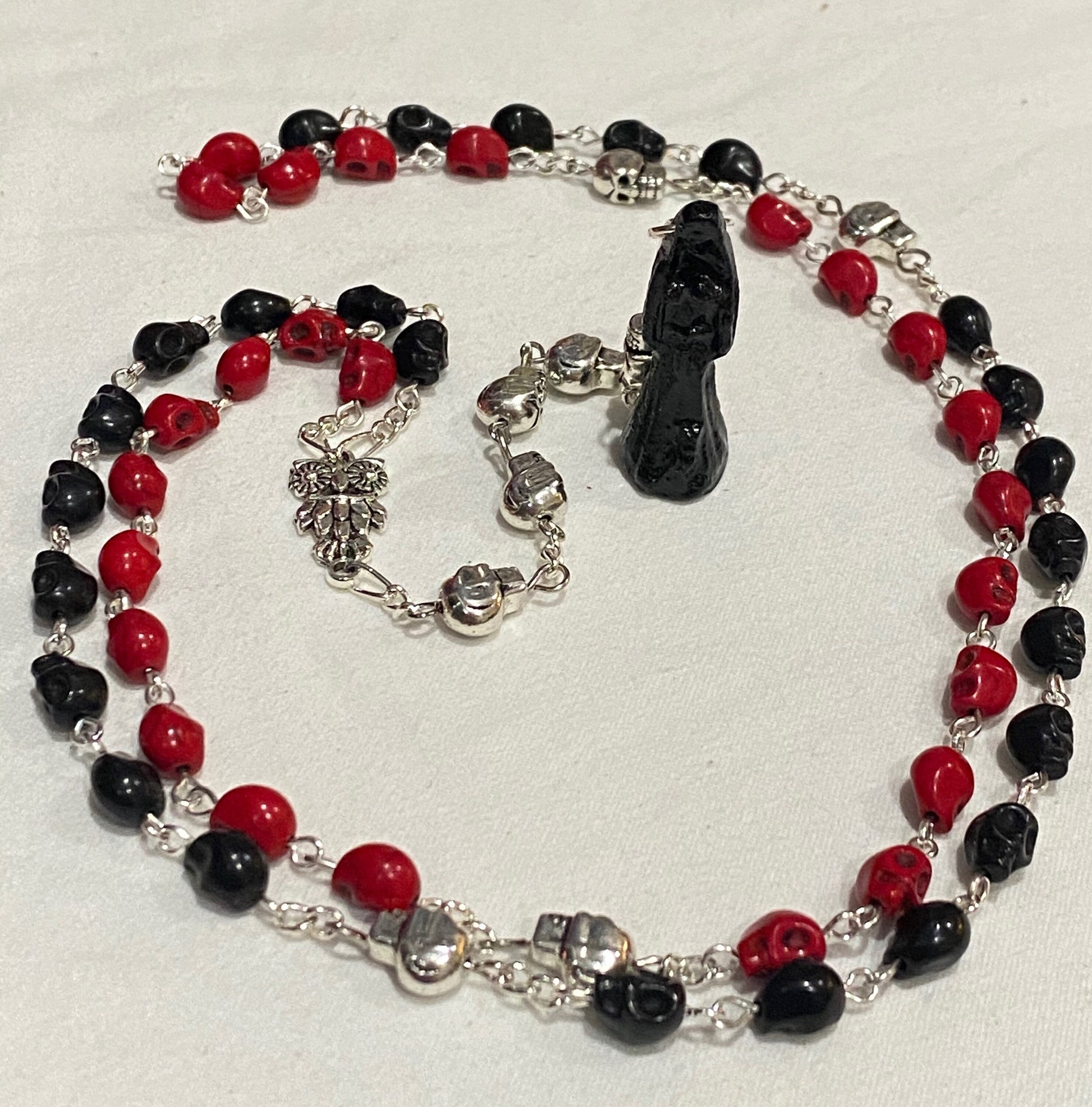 Santa Muerte Negra Reversing Rosary with Skulls + Blessed + Sterling Silver Plated Chain + Handcrafted + Rosario + Domination + Amarres