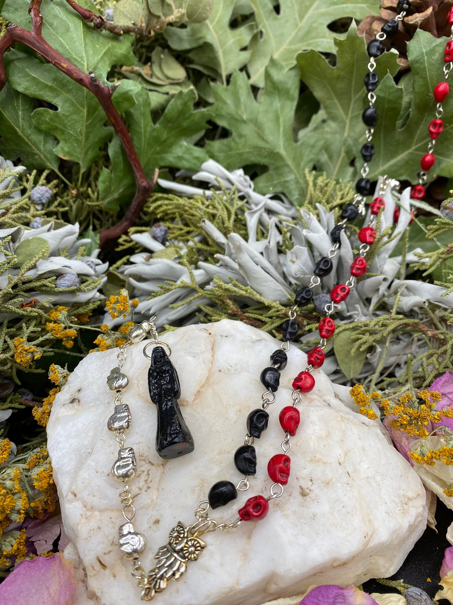 Santa Muerte Negra Reversing Rosary with Skulls + Blessed + Sterling Silver Plated Chain + Handcrafted + Rosario + Domination + Amarres