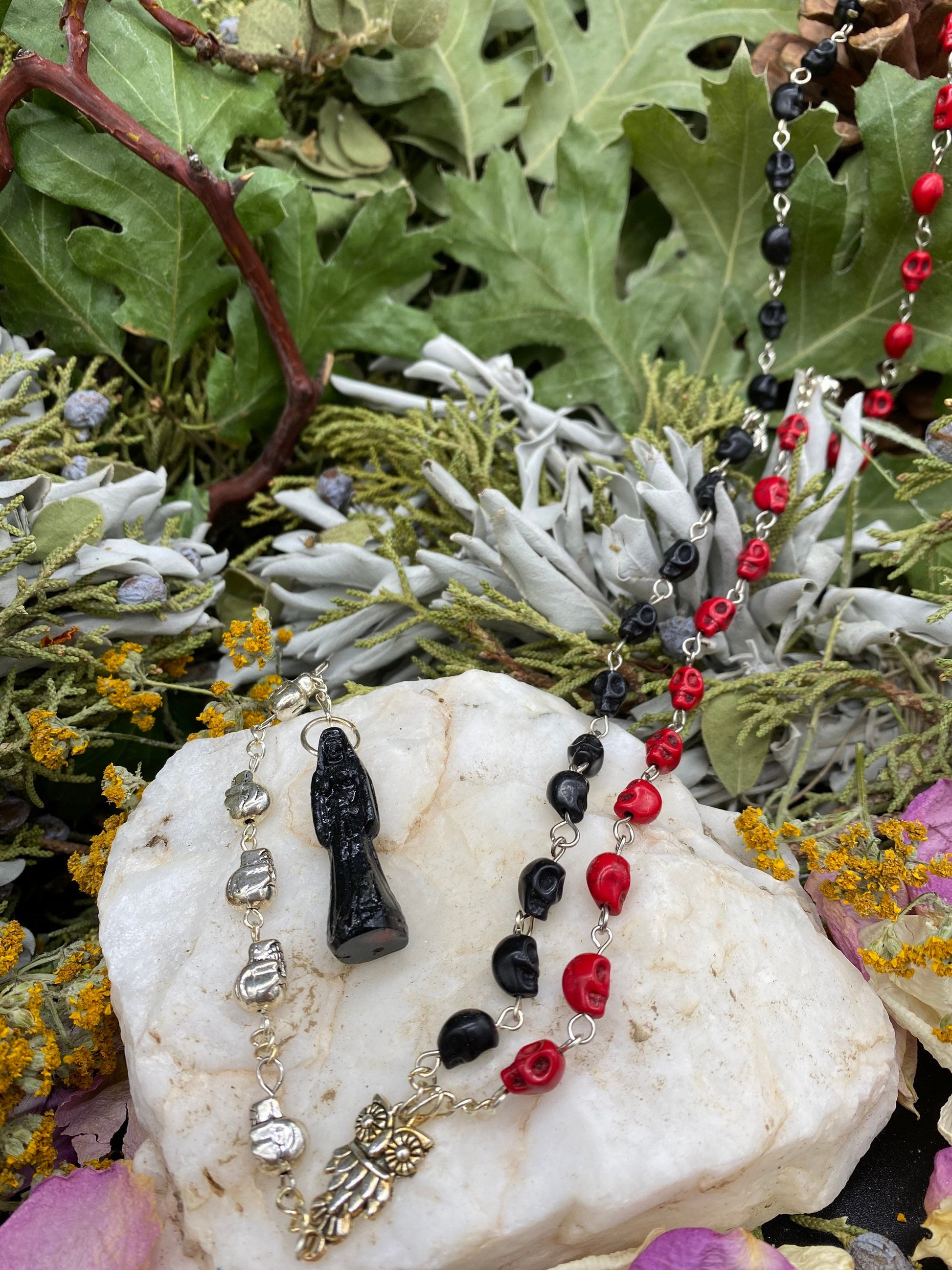 Santa Muerte Negra Reversing Rosary with Skulls + Blessed + Sterling Silver Plated Chain + Handcrafted + Rosario + Domination + Amarres
