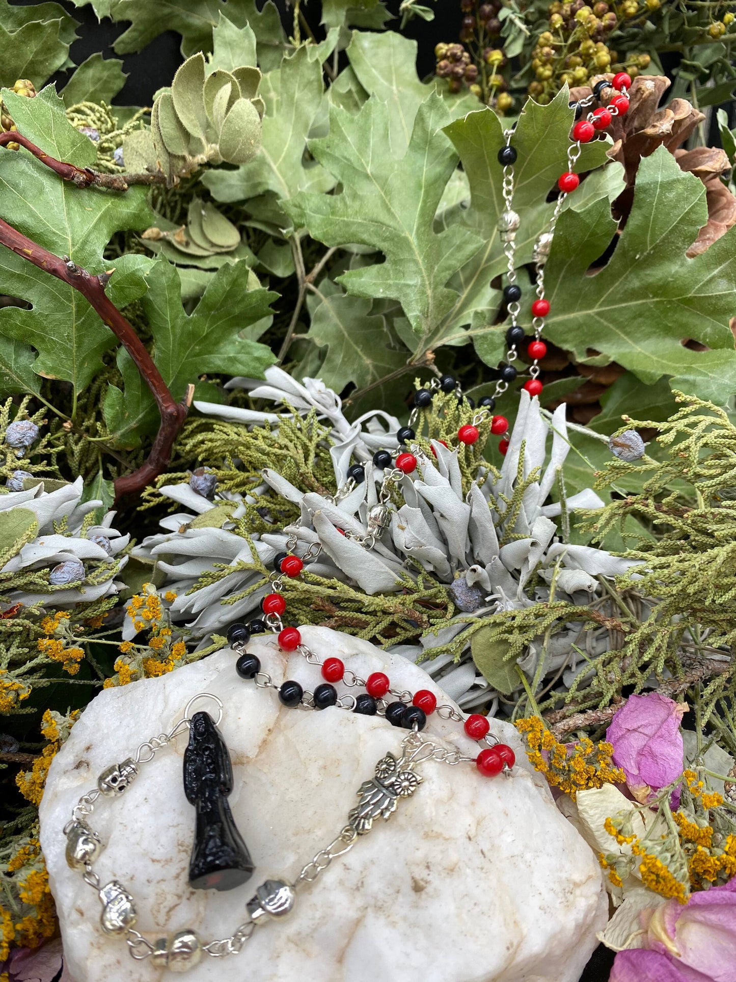 Santa Muerte Negra Reversing Rosary + Sterling Silver Plated Chain + Handcrafted + Amarres + Binding + Extreme Love Spells + Domination